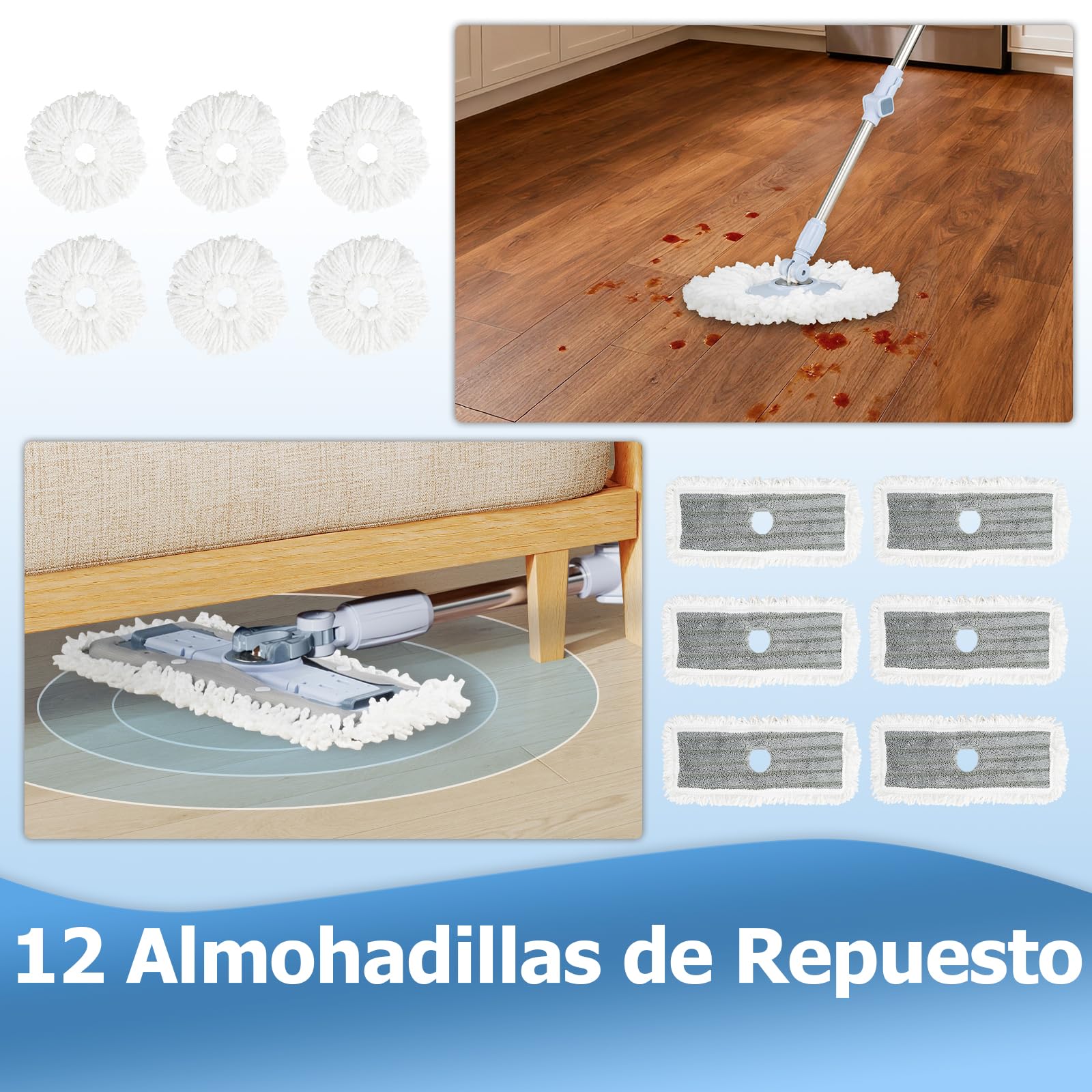 COSTWAY Mopa Fregona con Cubo Escurridor, Juego de Fregona y Cubo con Diseño de Tanque Dual, 1 Fregona Rectangular y 1 Redonda con 2 Almohadillas de Microfibra, Sistema de Limpieza de Suelos, Azul