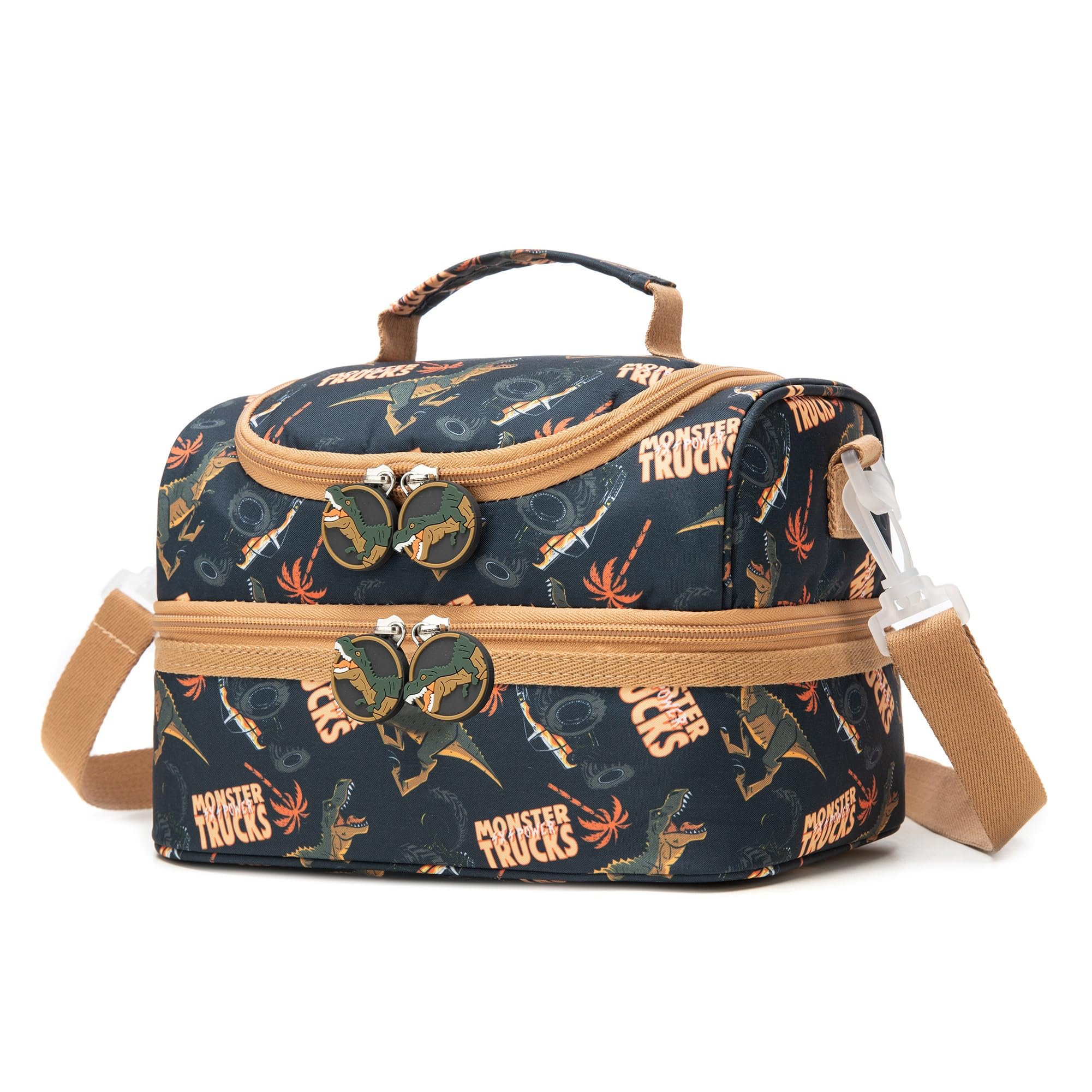 Insulated Kids Dual Compartment Lunch Bags Tote Pack for Girls Boys Toddler Kindergarten School Picnic Cooler Thermal Lunch Boxes with Strap Truck Dinos