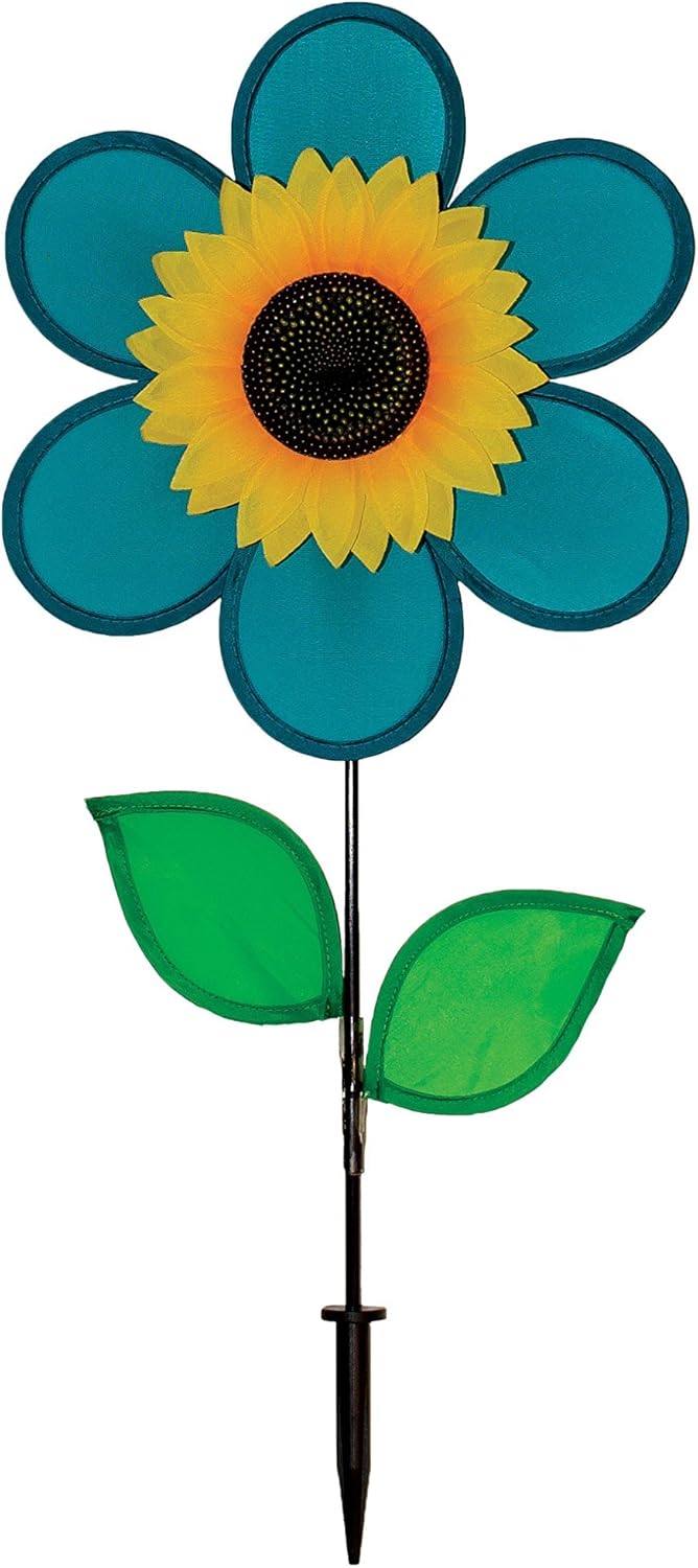 In the Breeze 2743 — 19-inch Teal Sunflower Wind Spinner with Leaves — Colorful Flower for Yard and Garden