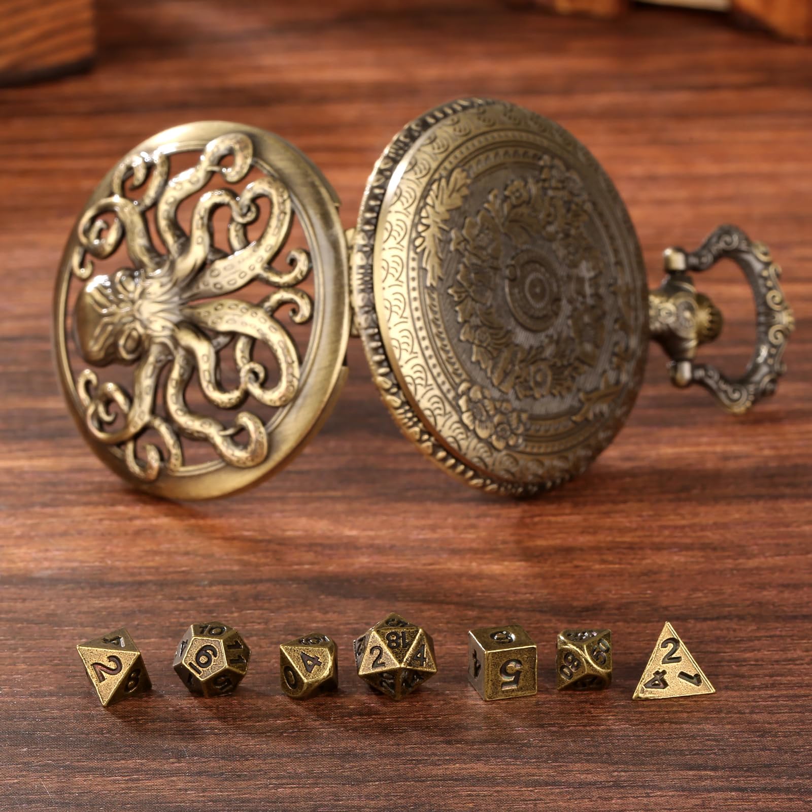 Set di Mini Dadi DND Steampunk Bronzo Cassa Cava Polpo Oorologio da Tasca, 7 pezzi in Metallo Poliedrico Set di Dadi D&D, Regali di DND con Confezione Regalo, Accessori per Giochi da Tavolo di Ruolo