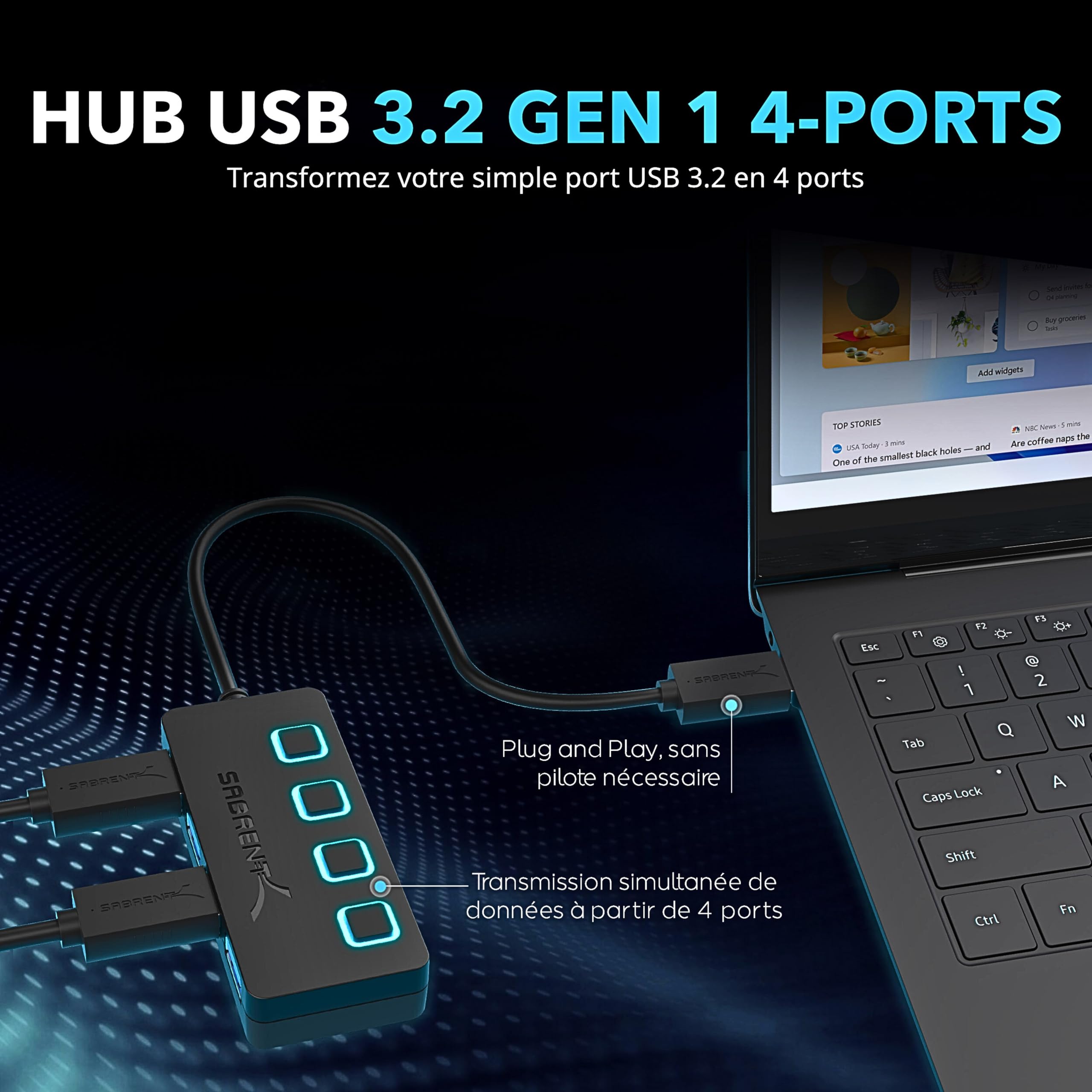 SABRENT Hub USB 3.0 Alimenté 4 Ports 5 Gbps avec Commutateurs et Voyants Individuels HB-UMP3