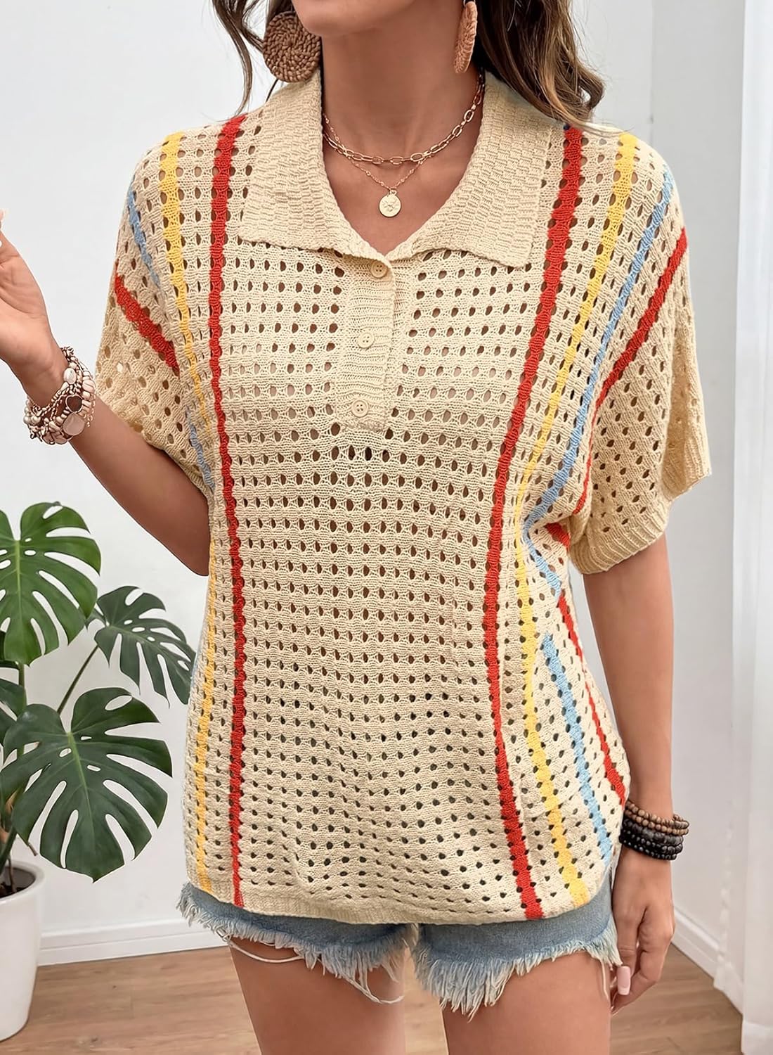 Dokotoo Summer Sweaters for Women 2026 Casual Button Up Polo Collar Short Sleeve Striped Boho Tops Crochet Knit Shirts - Image 5