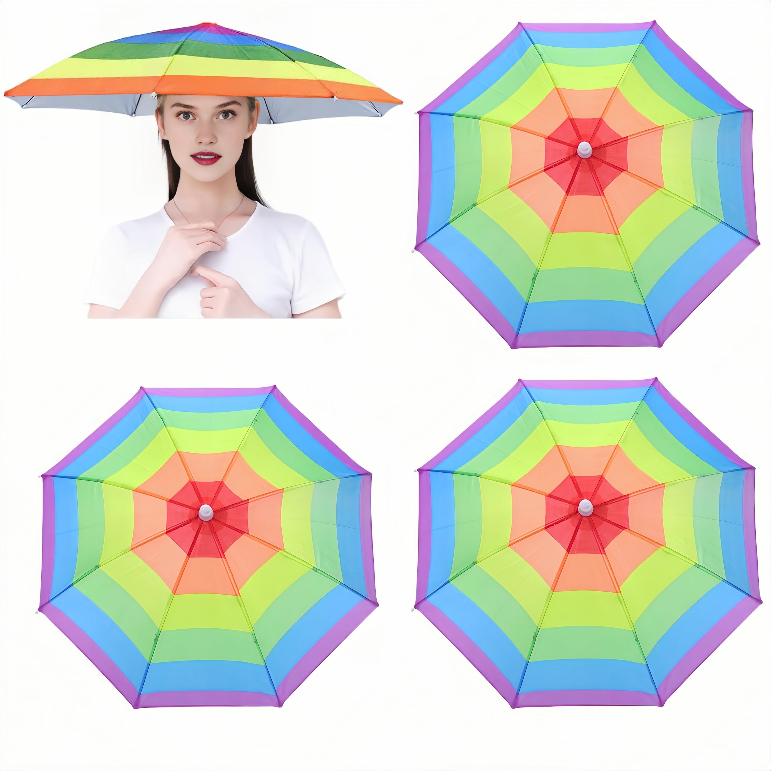 3 Pack Umbrella Hat, Sports Head Umbrella Hats for Adult Women, 26" Diameter Folding Waterproof Rainbow Fishing Headwear for Outdoor Party Beach