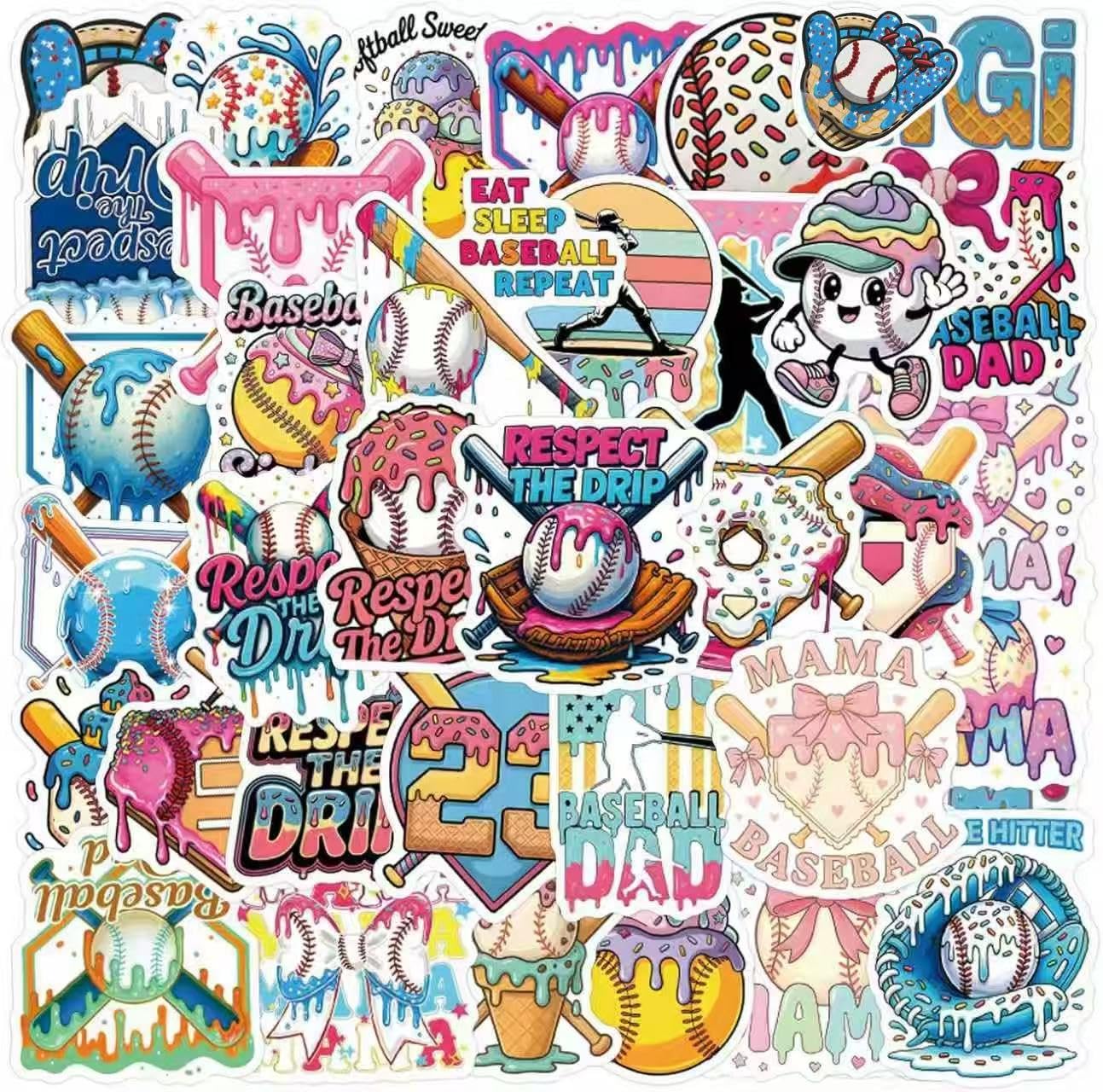 Eiscreme-Tropfen Baseball Sticker 50Stk, Wasserdichte Aufkleber für Erwachsene Teens, Laptop Sticker, Trinkflasche Stickers Kinder, Lustige Meme Aufkleber für Handy Koffer Accessoires