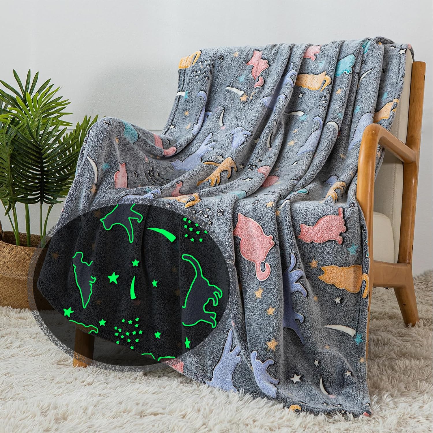 Sviuse Glow in The Dark Cat Blanket Ultra Soft Flannel Throw Gifts for Cats Lovers Girls Kids Grey Lovely Kitten Pattern Luminous Blankets for Couch Bed Sofa (50"x60", Cat 9)