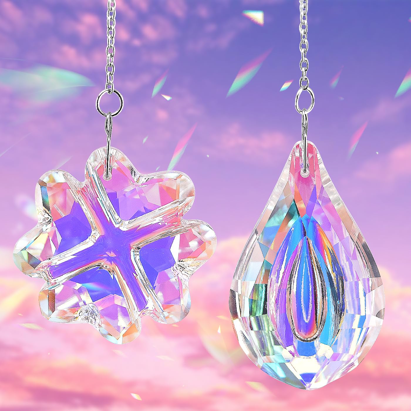 2pcs Hanging Chandelier Crystals Prisms for Window Suncatchers Chandelier Parts Rainbow Maker Pendants,Leaf & Teardrop Sun Catchers Charm