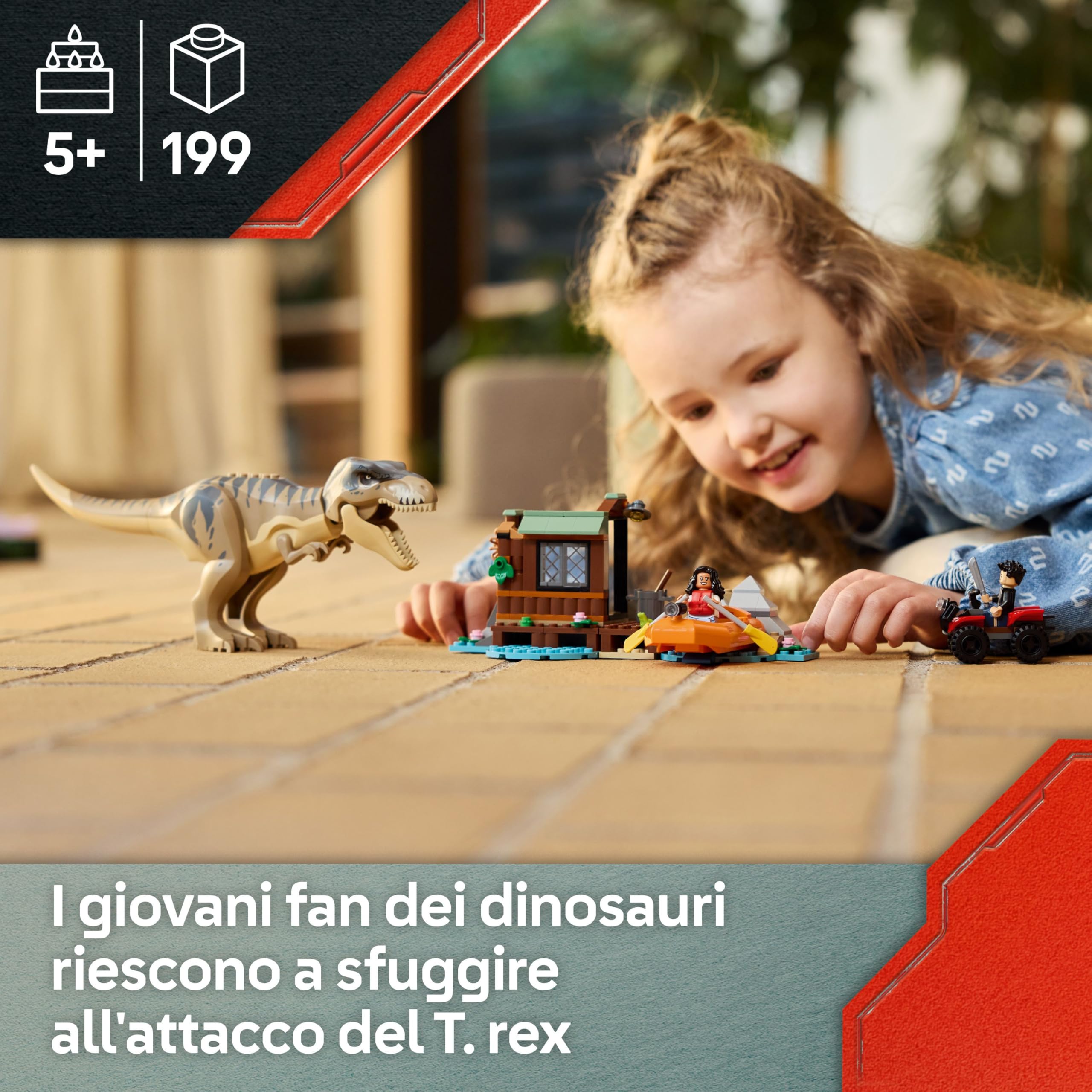 LEGO Jurassic World Fuga sul Fiume dal T. Rex - Giocattolo Interattivo con Dinosauro, una Barca, un Veicolo ATV e 2 Minifigure - Regalo per Bambini e Bambine da 5 Anni in su - 76975