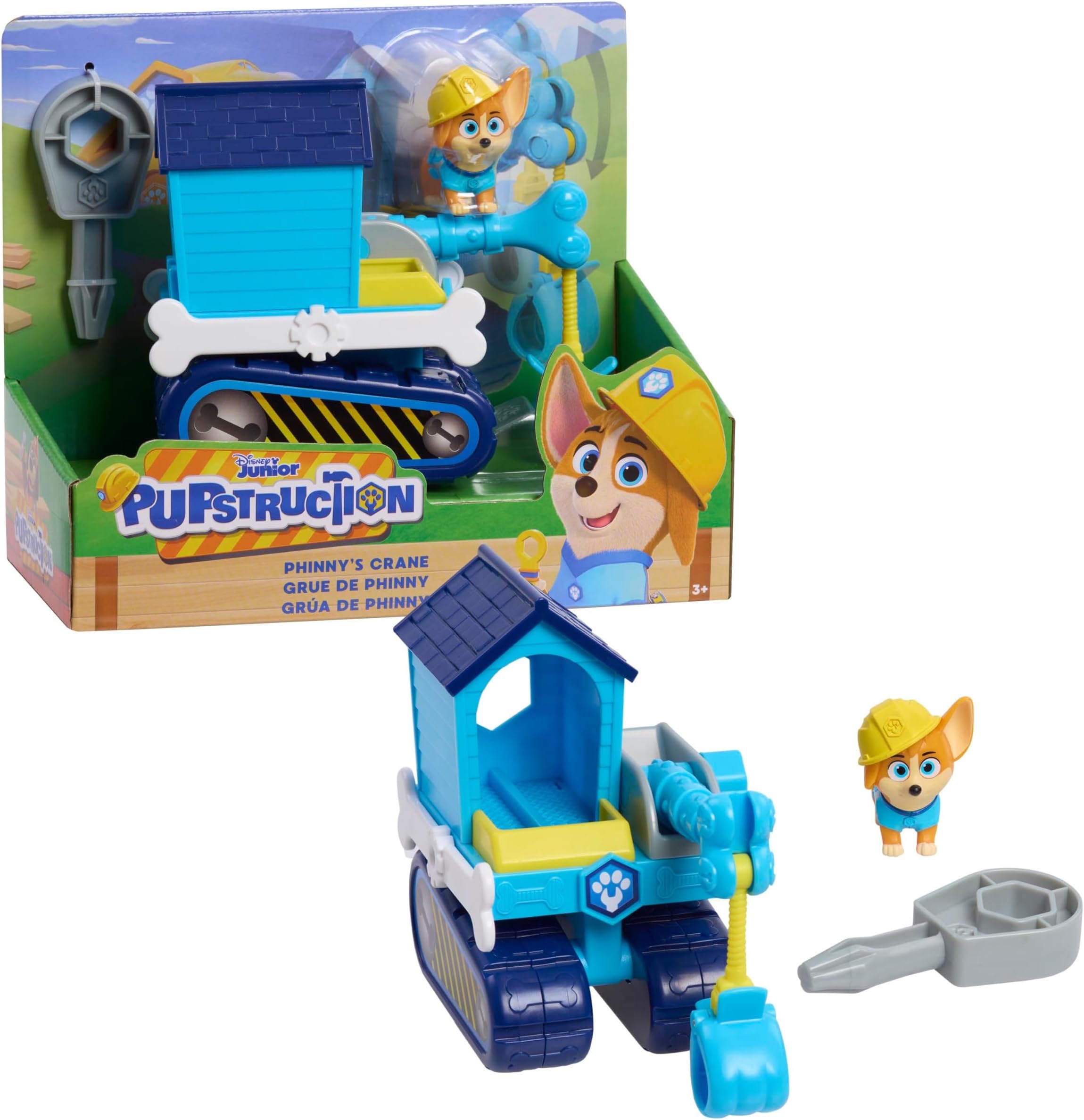 Disney Junior Pupstruction Phinnyโs Crane 3-piece Figure and Vehicle Set, Blue, Dog, Kids Toys for Ages 3 Up by Just Play