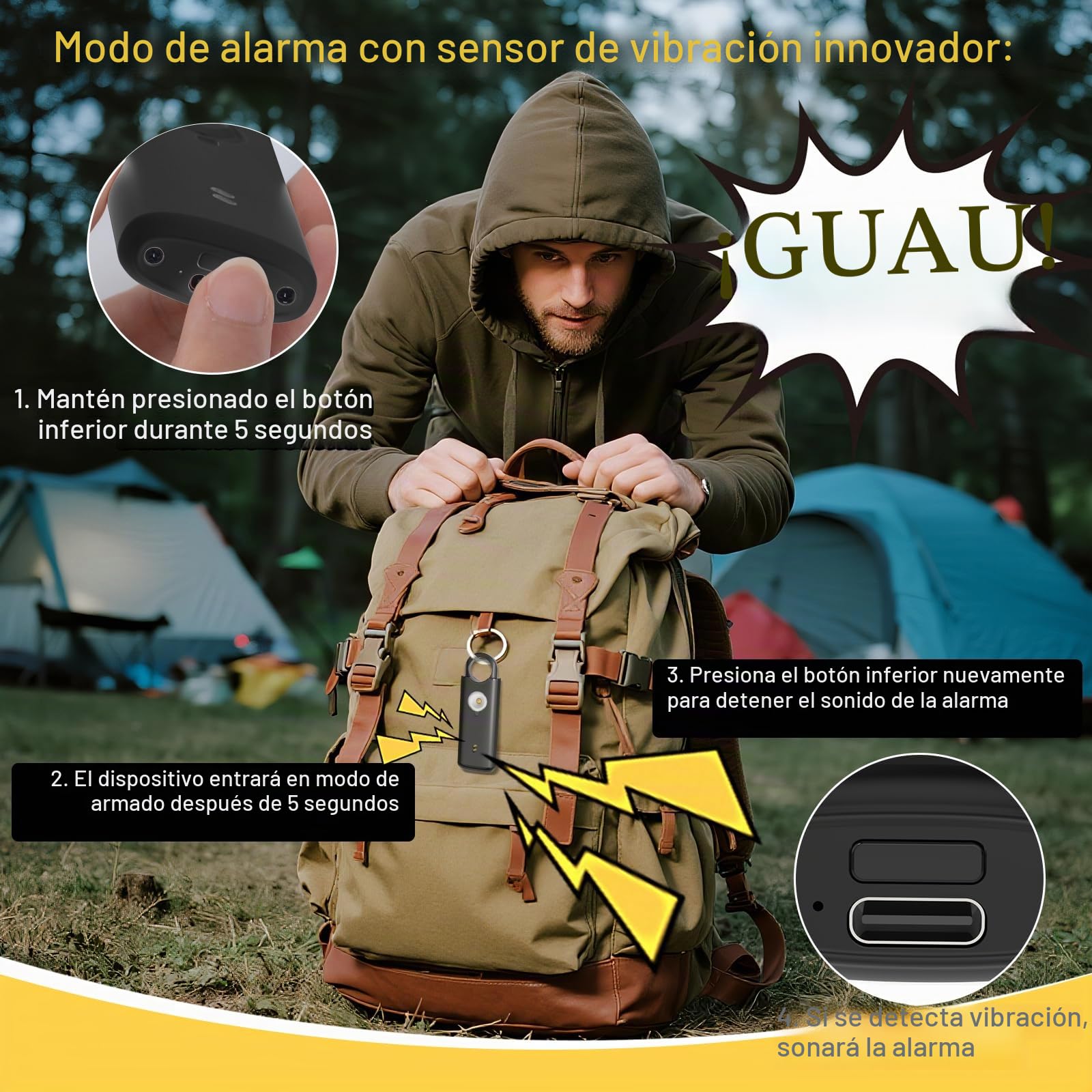 Qoosea Alarma de Seguridad Personal Recargable con Mosquetón - 135dB, Sensor de Vibración, Luz Estroboscópica & Botón de Emergencia para Viajeros de Negocios, Mochileros, Mujeres, Hombres(Negro)