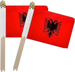 TSMD Albania Stick Flag Albanian Small Mini Hand Held Flags,5x8 Inch,12 Pack