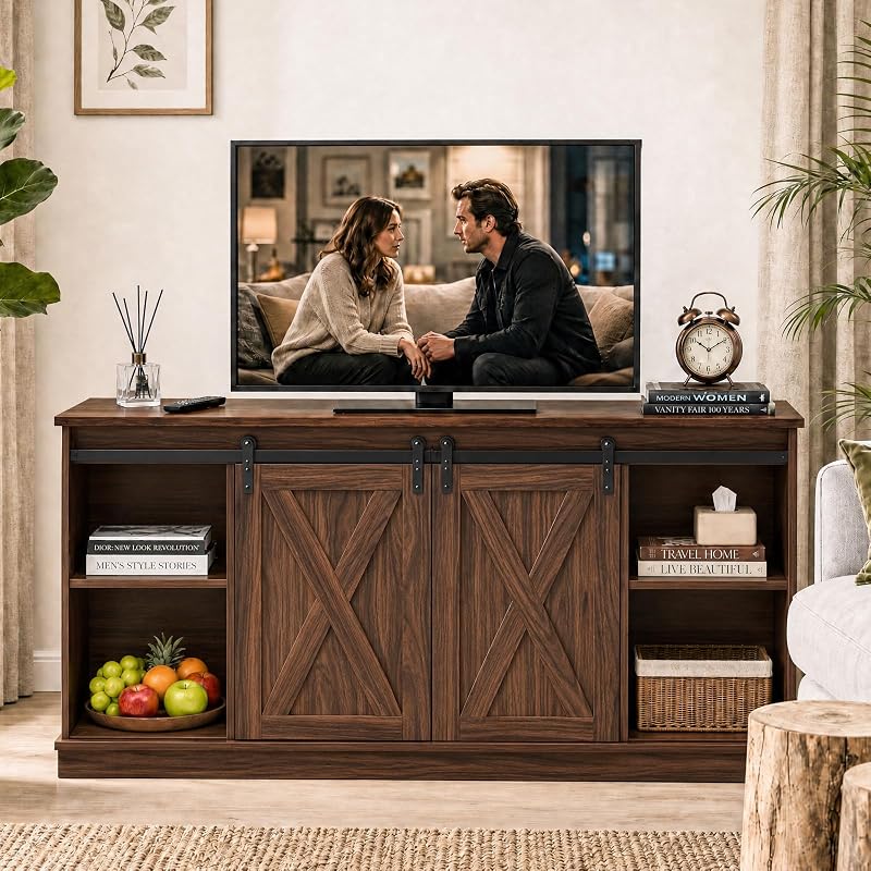 DUMOS Farmhouse TV Stand for Up to 65 Inch TVs, Entertainment Center for Living Room & Bedroom, TV Console Table with Sliding Barn Door, Storage, Holds up to 300 lbs, Rust image 6