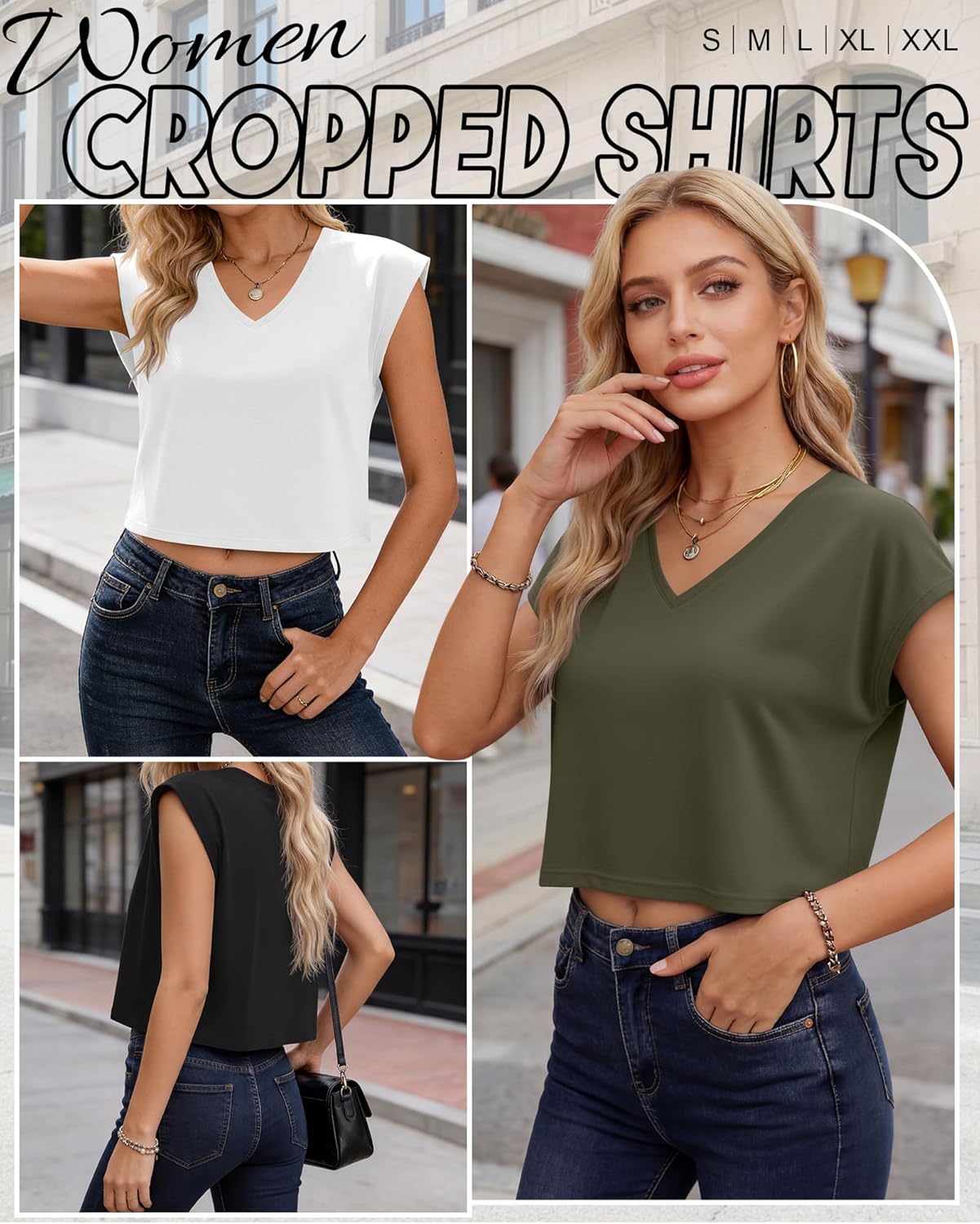 4 Pack Women's V Neck Cropped Tops Cap Sleeves Short T Shirts Loose Fit Casual Summer Crop Basic Solid Tees - Image 5