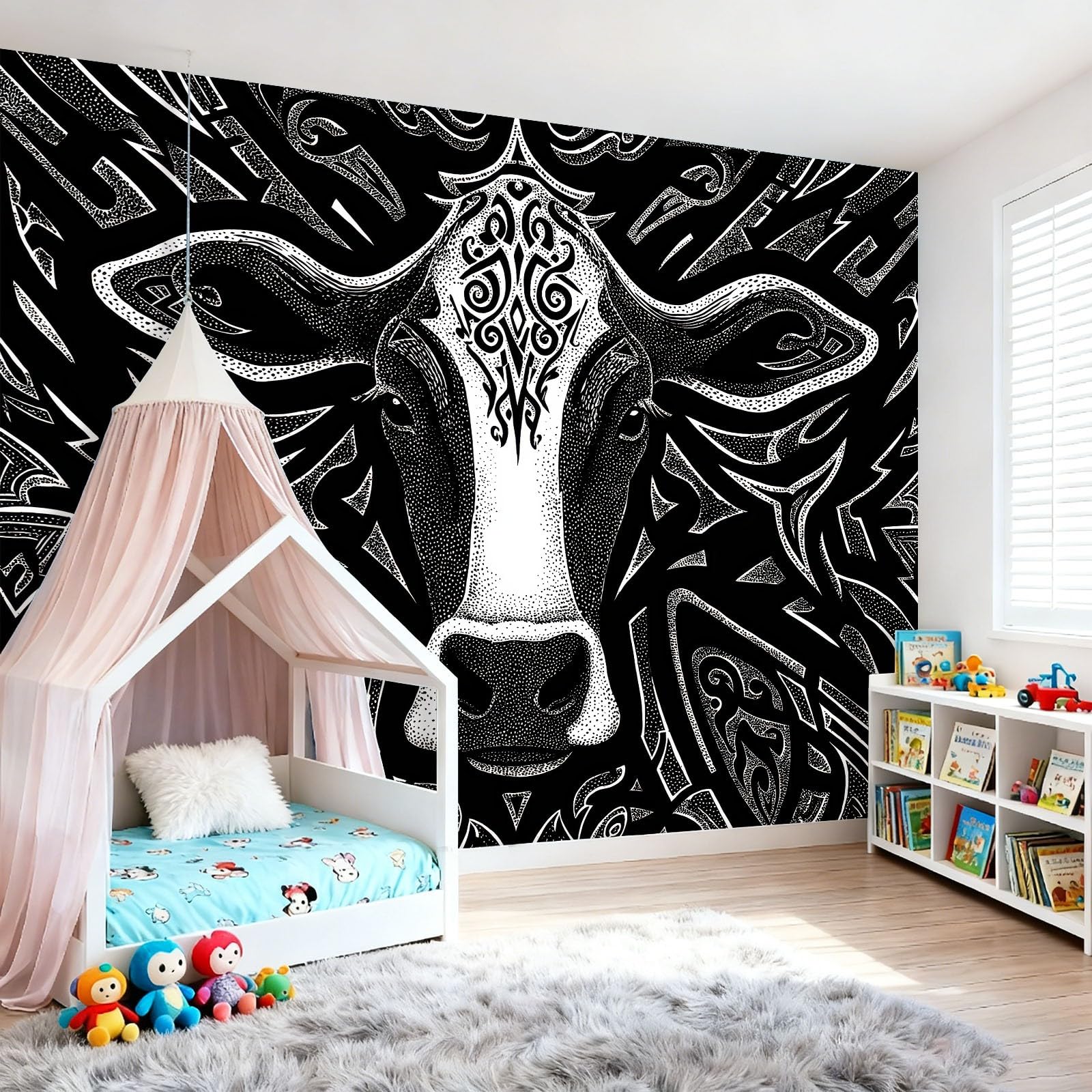 Abstraktes Stammesmuster Fototapete Schwarz 350 x 256 cm Vlies Wandtapete - Moderne Wanddekoration mit Linien & Kuh-Motiv für Schlafzimmer & Wohnzimmer - UV-beständiges Bild Wandbild für Tiefenwirkung