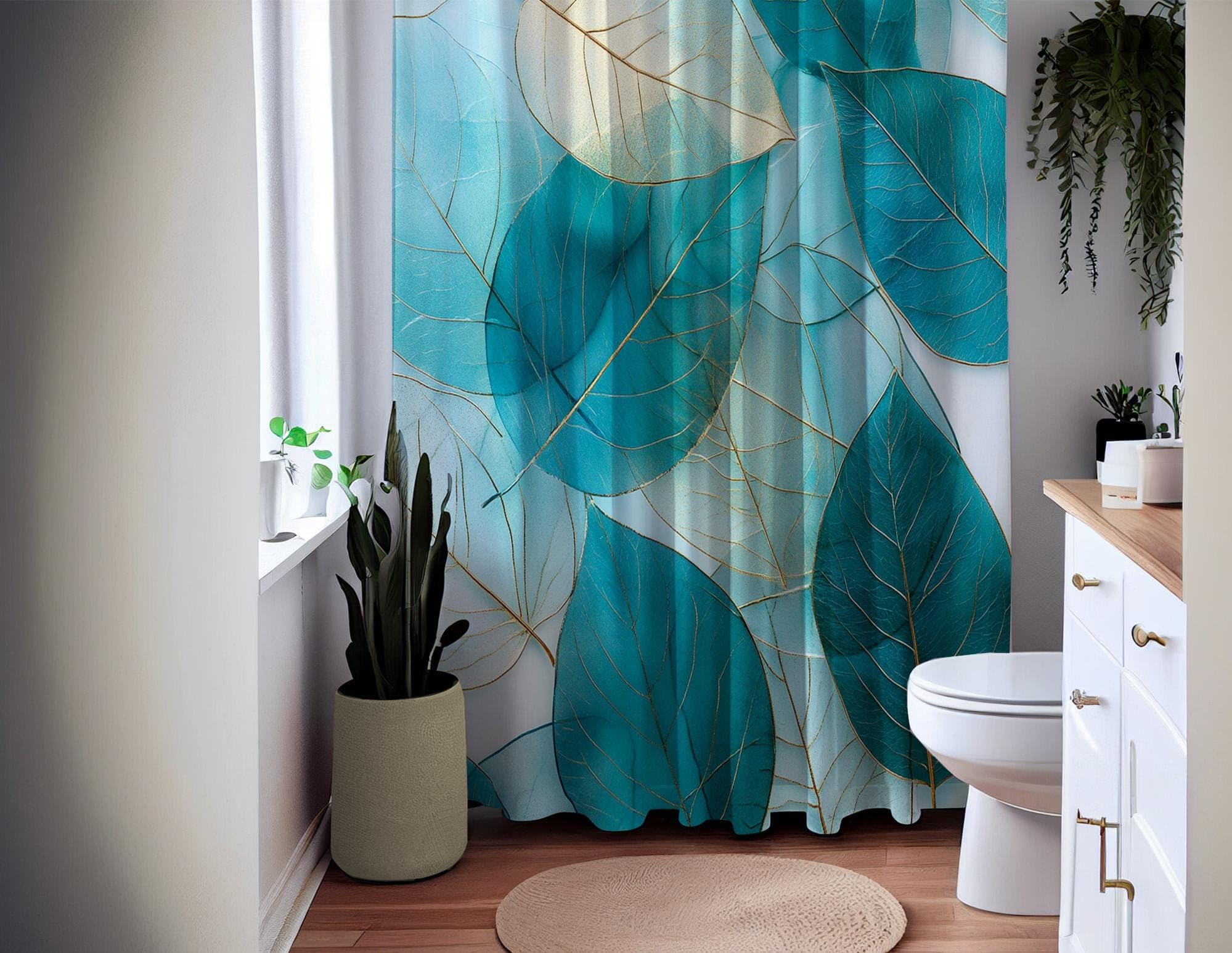 Turkusowa zasłona prysznicowa z motywem liścia wodoodporna tkanina dekoracja łazienki, elegancki botaniczny design do nowoczesnej łazienki, sztuka abstrakcyjna (280 x 200 cm / 110x79in (szer