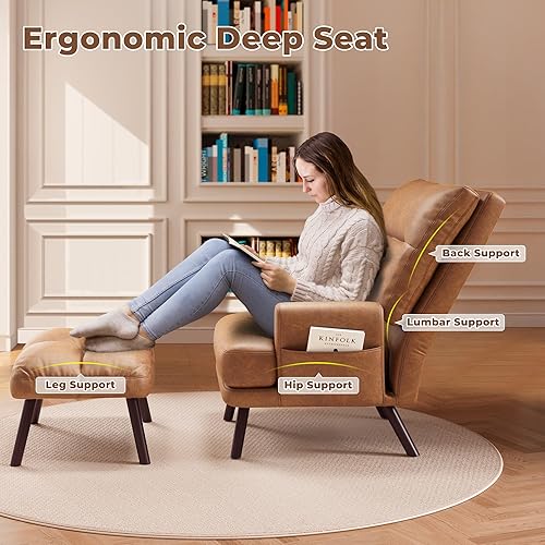 Miniatura 3 de OVIOS Silla reclinable para sala de estar silla reclinable con otomana ajustable para cine en casa tumbona con cojín silla de tela de lino azul