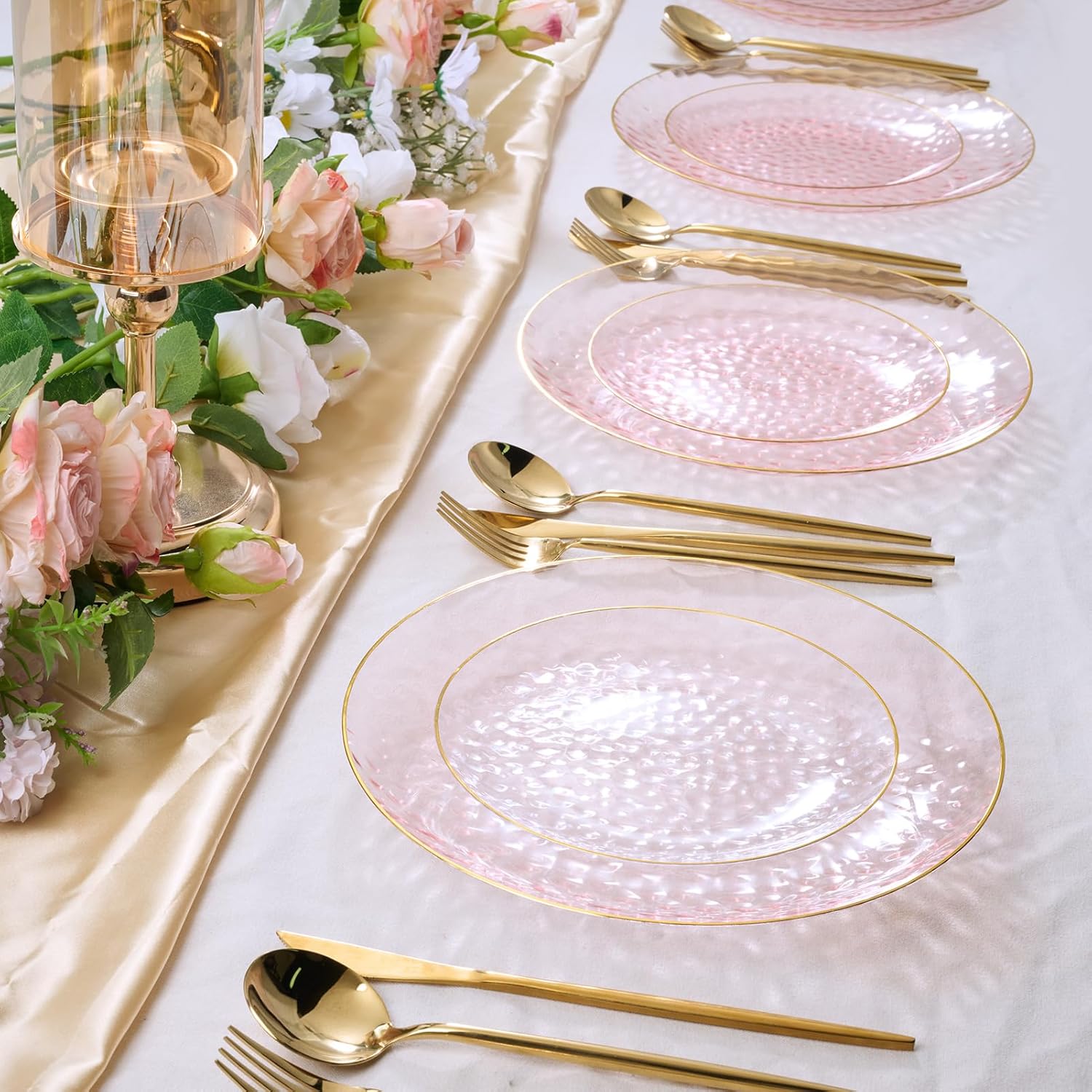 FOCUSLINE 60Pcs Clear Plastic Plates, Pink Disposable Plates with Gold Rim, 30 7" Salad Dessert Plate and 30 10" Dinner Plate Heavy-duty Hammered Plates for Party, Wedding - Image 3