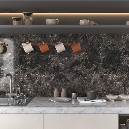 Miniatura 3 de VOLEAAR Papel de contacto de mármol marrón negro de 35 x 196 pulgadas para encimera, baño, cocina