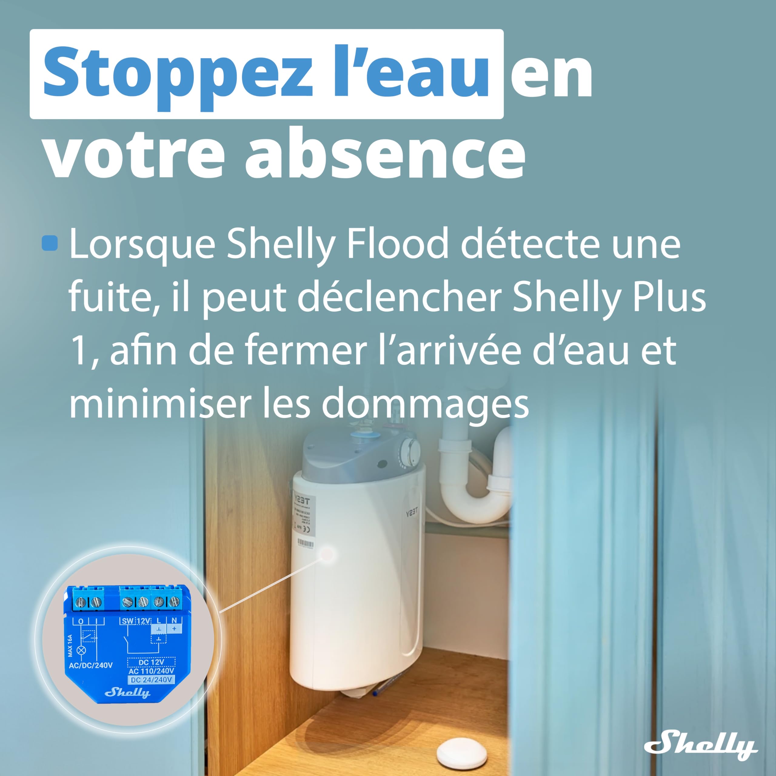 Shelly Flood - Détecteur de Fuite d’Eau Wi-FI, Alerte inondation, Notification instantanée par app iOS, Android, Capteur de température, Batterie Longue durée, Portée 30 à 50 m
