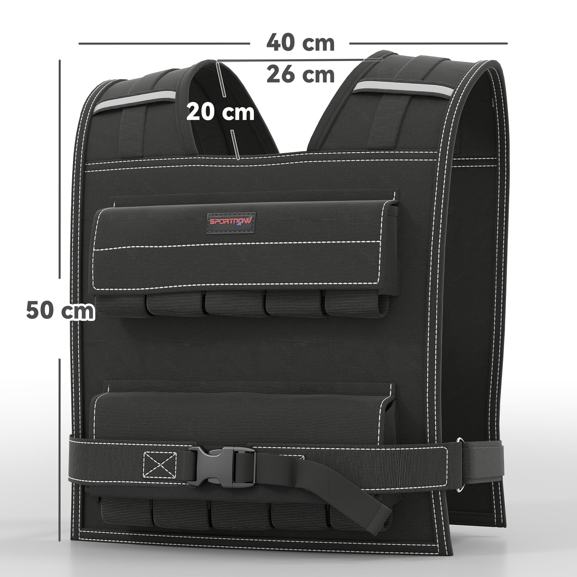 SPORTNOW Gilet Zavorrato Regolabile 20kg con 20 Pesi, Gilet con Strisce Riflettenti, Vestibilità Aderente per Allenamento a Casa, Corsa ed Esercizi Cardio, in Tessuto Oxford, 50x40 cm, Nero