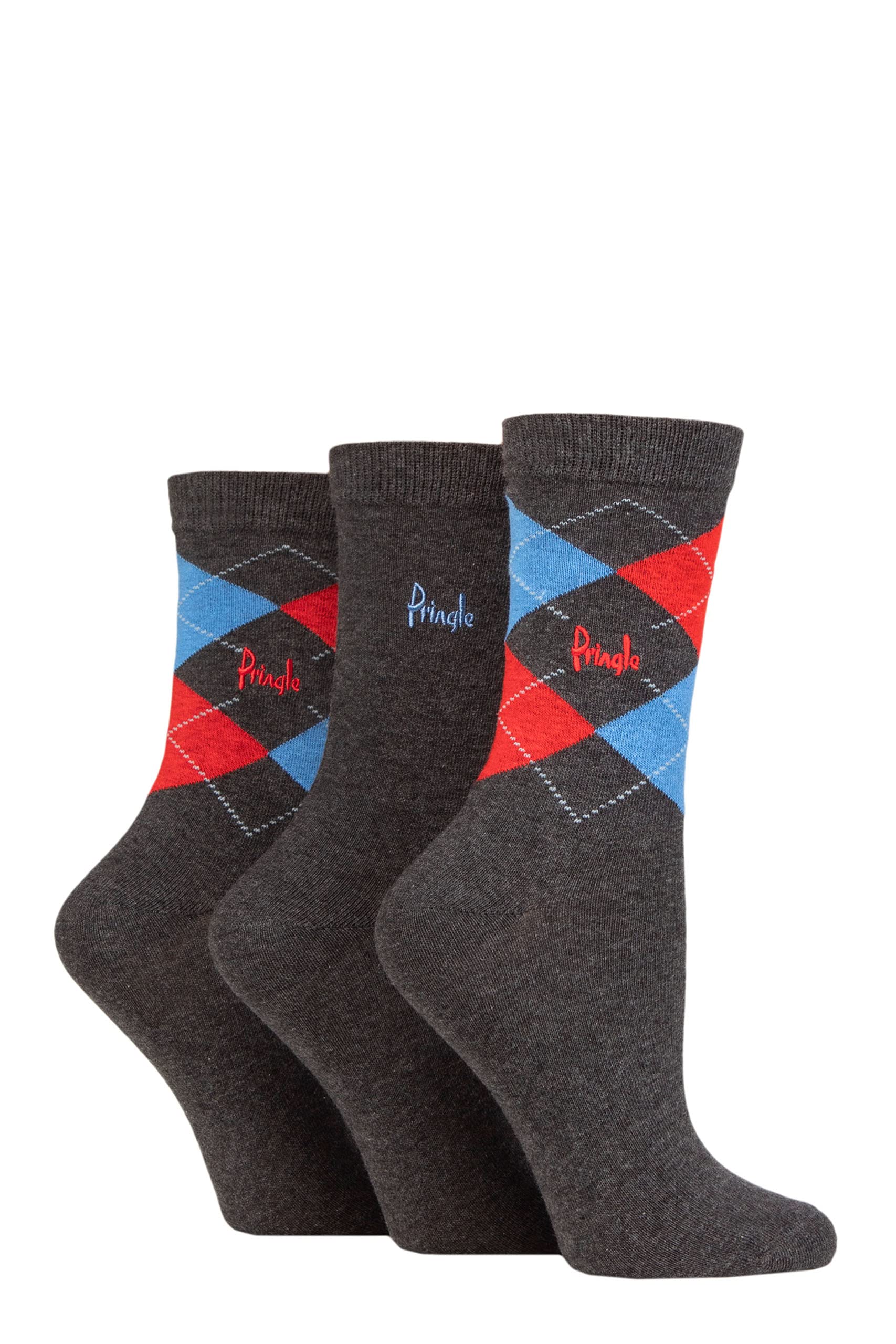 Pringle Ladies Patterned Cotton and Recycled Polyester Socks Pack of 3 Argyle Charcoal Red/Blue 4-8
