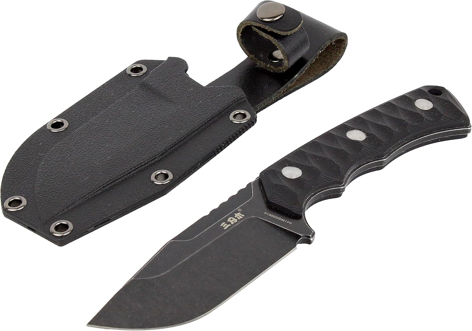 MASTIFF GEARS® Sanrenmu (SRM) S738 Full Tang Fixed-Blade Knife w/Molded Polymer Sheath, 8.5", 8Cr13Mov Stainless Steel EDC Straight Knife for Outdoor,Hunting,Survival (Black Stonewash/Black G10)
