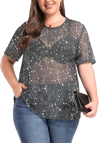 ForHailey Blusa de manga corta transparente de malla para mujer, talla grande