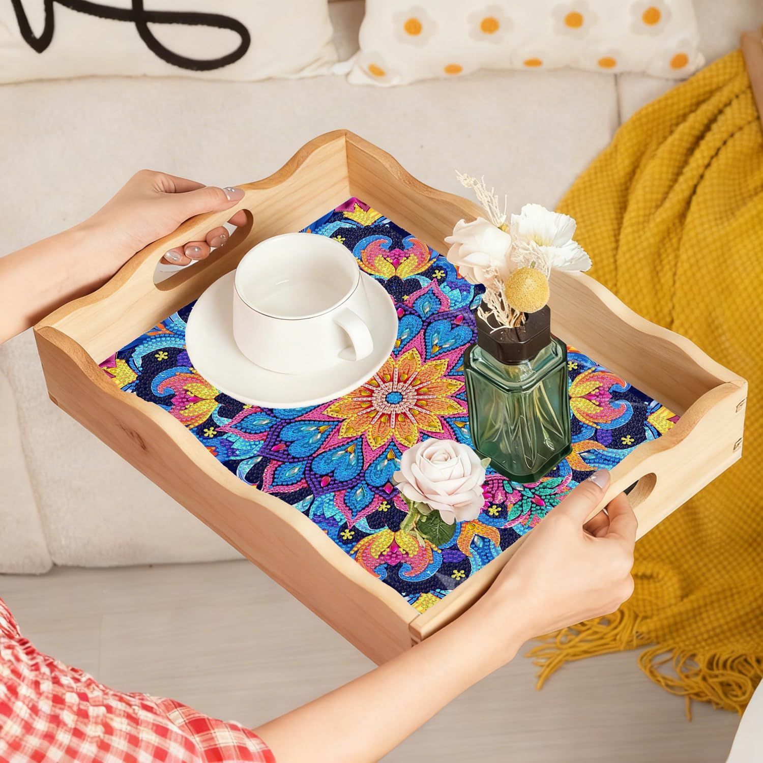 EWJRNSF 5D Diamond Painting Mandala Diamond Art Kits for Adults Wooden Serving Trays with Handles Big Gem Arts and Craft Gifts Trays Decor Gift Home Decor 12.2x16.1 Inches