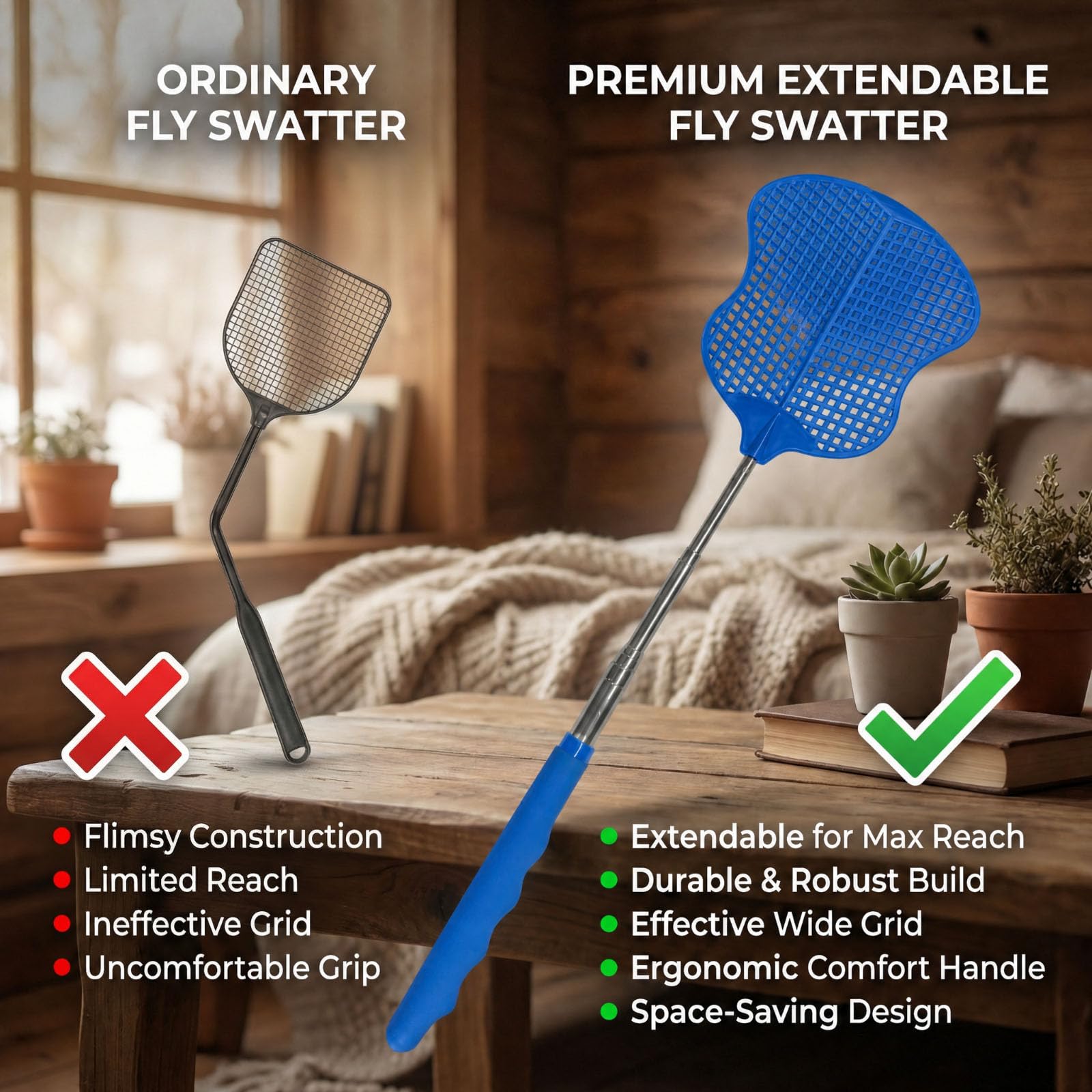 MYSTICHOME Fly Swatter 1 PCS, Durable Heavy Duty Plastic Fly Swatters, Stainless Steel Telescopic FlySwatter for Indoors/Outdoor/Kitchen/Garden (Blue) 4