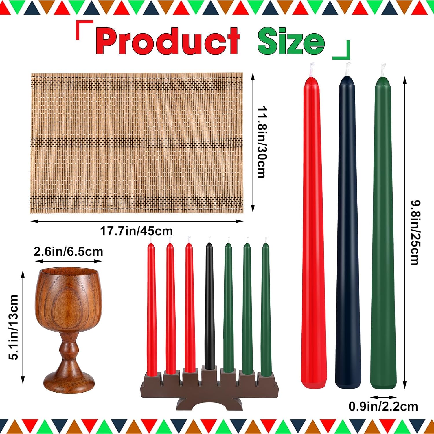 10 Pcs Kwanzaa Kinara Set - 3 Red, 3 Green, 1 Black Kwanzaa Candles Holder with Bamboo Table Mat & Wooden Wine Goblet for Celebration Decoration