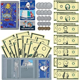 DEEKI 37PCS Play Money Coins and Cards with Wallet, Safety Wallet Toys for 3+ Year Old Kids Math Learn Teach Count, Purse for Toddler Boys and Girls Early Educational and Develops-Shark Gray