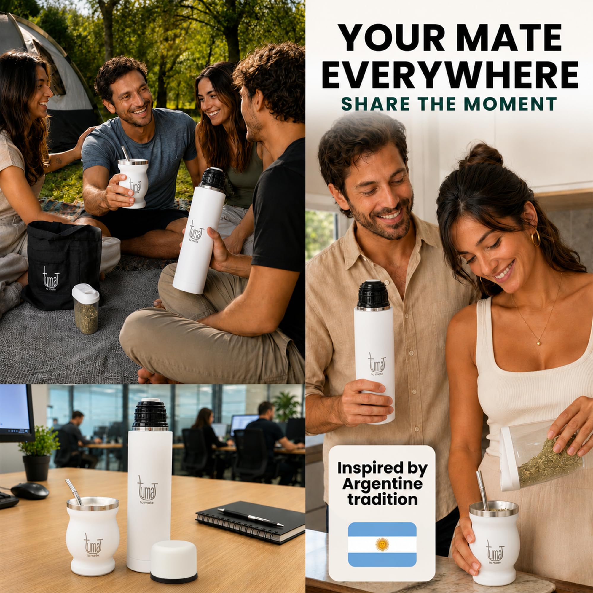 Yerba Mate Komplett-Set – inklusive matter Tasse, Strohhalm (Strahler), 750 ml Thermosflasche, Beutel und zwei Geschenken (Yerbero Behälter und Auto-Tauchwärmer) – Yerba Mattes Edelstahl-Set