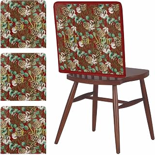 Christmas Watercolor Pine Cones Eucalyptus Leaves Dining Chair Cover Set of 4,Removable Chair Back Covers Vintage Red Washable Kitchen Chairs Slipcover for Home Dining Room Office Hotel
