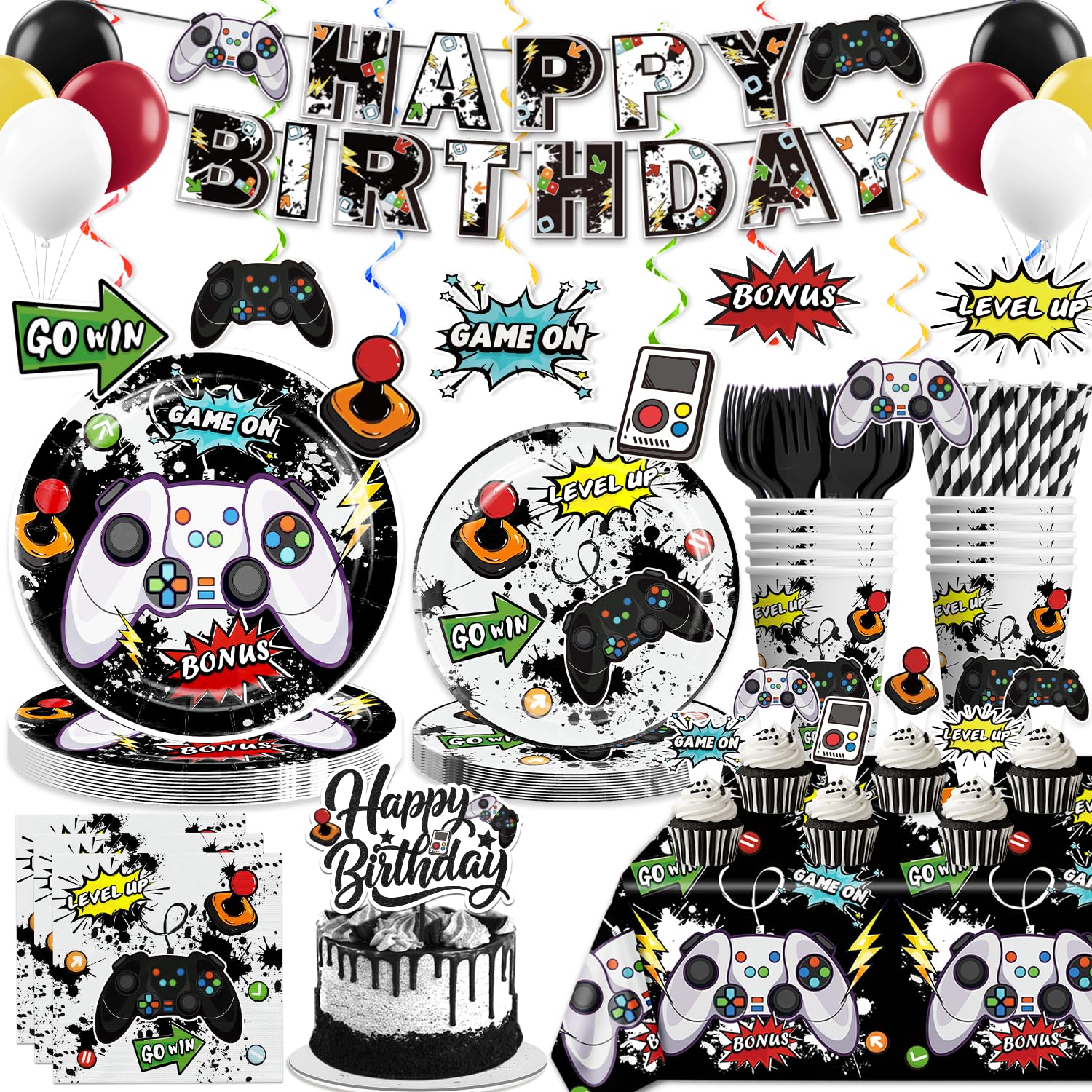 Yingoto 190pcs Video Game Birthday Decorations Tableware for 25 Guests, Gamer Birthday Decorations, Gaming Party Decor includes Banner Hang Swirls