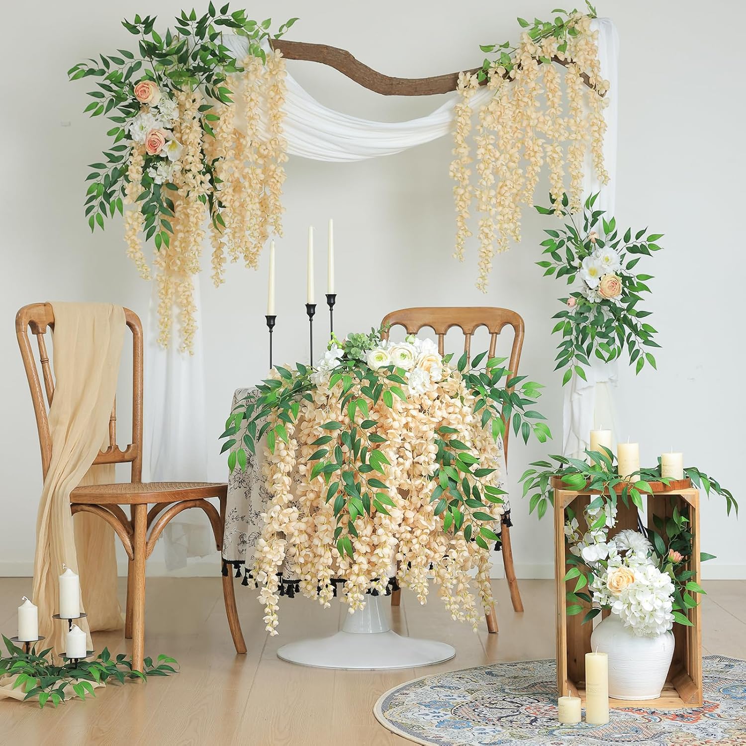 mizii 6Pcs Beige Wisteria Hanging Flowers 48" Silk Wisteria Artificial Flowers Garland Vines Fake Hanging Flowers Decoration for Wedding Flower Wall Backdrop Centerpieces Party Room Decor (Beige)