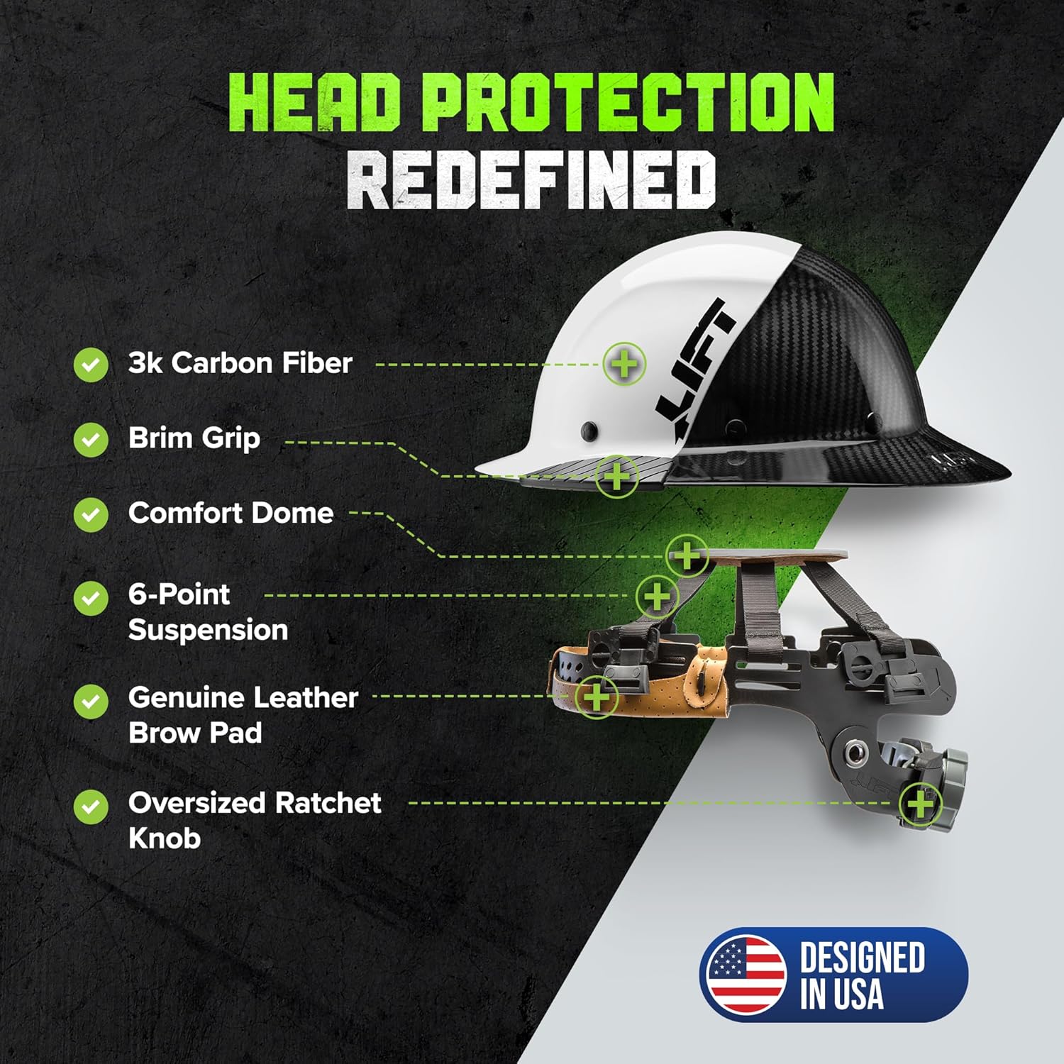 LIFT SAFETY Dax Carbon Fiber Full Brim Hard Hat | Safety/Construction Helmet w/ 6 Point Suspension for Comfort & Impact Protection - Image 4