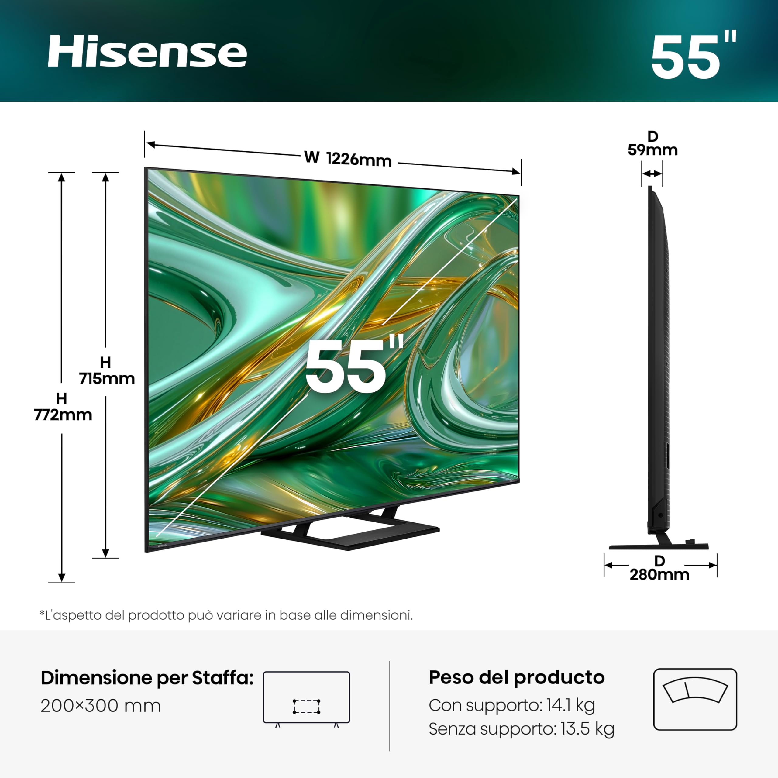Hisense Smart TV MiniLED 144Hz 55" 4K 55E8S, Dolby Atmos 2.1 By Devialet, Dolby Vision IQ, HDR10+, Native 144Hz Game Mode, VIDAA OS con 1000+ APP, Alexa built-in, lativù 4K, Wifi, Bluetooth