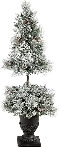 Miniatura 3 de Nearly Natural Árbol de Navidad artificial flocado de 5 pies con 100 luces LED y 186 ramas flexibles en urna decorativa
