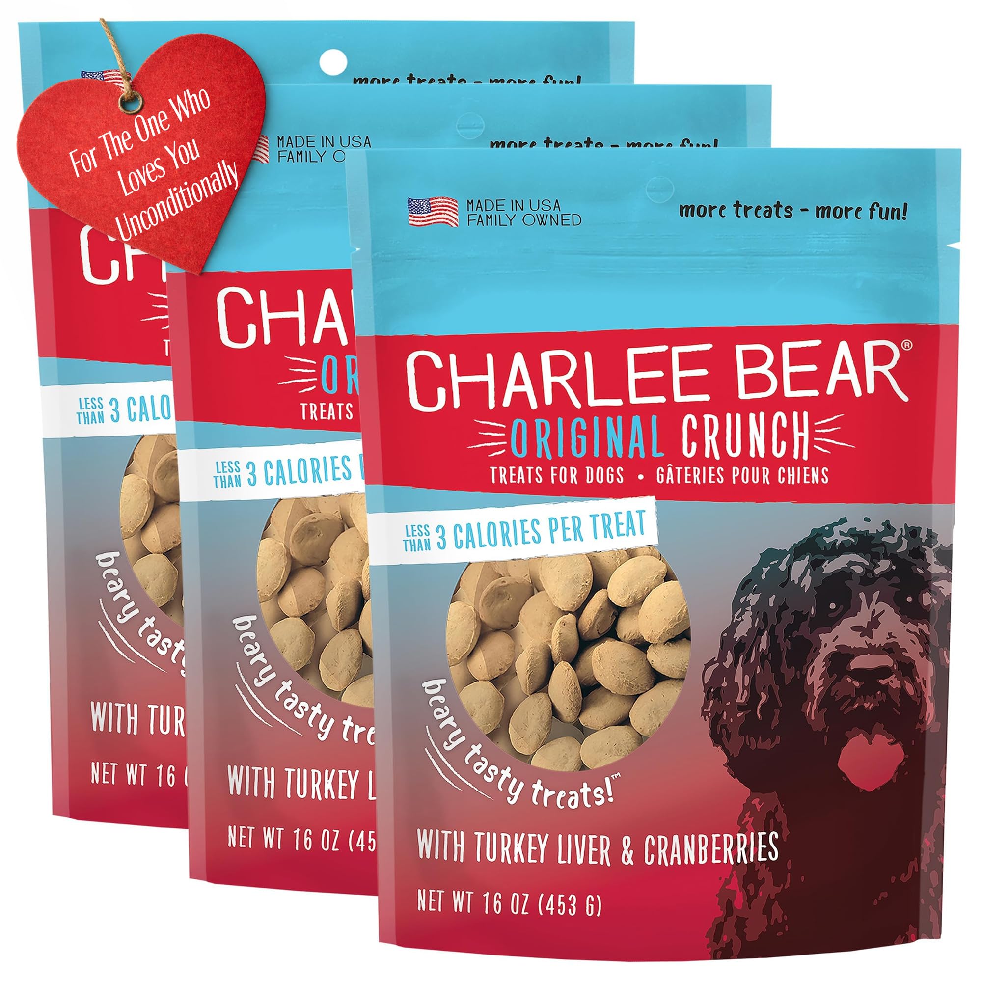 Charlee Bear Original Crunch Turkey Liver & Cranberries Dog Treats, 16 oz (3-Pack) - Made in The USA Natural Training Treats for Dogs