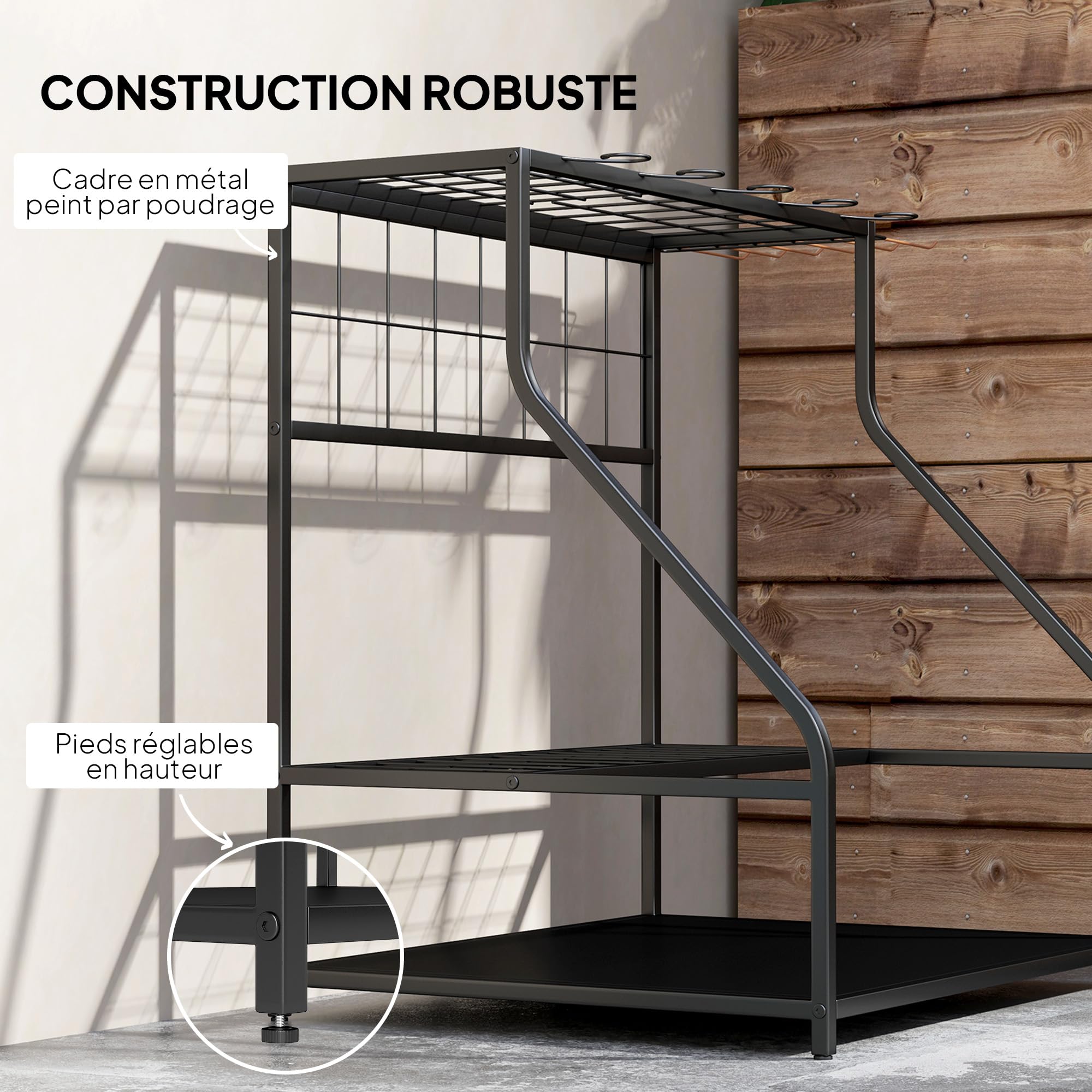 Outsunny Organiseur d'Outils avec Crochets, Support de Garage à 3 Niveaux pour Sécateurs, Pelles, Râteaux, Jardin et Garage Orange