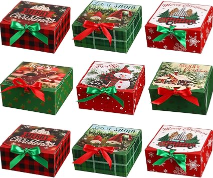 Ireer 24 Set Christmas Gift Boxes with Lids 6.9 x 6.9 x 3.2 Inch Xmas Cookie Boxes with Red Green Ribbons for Gift Giving Winter Holiday Party Favors Supplies Cardboard,Christmas