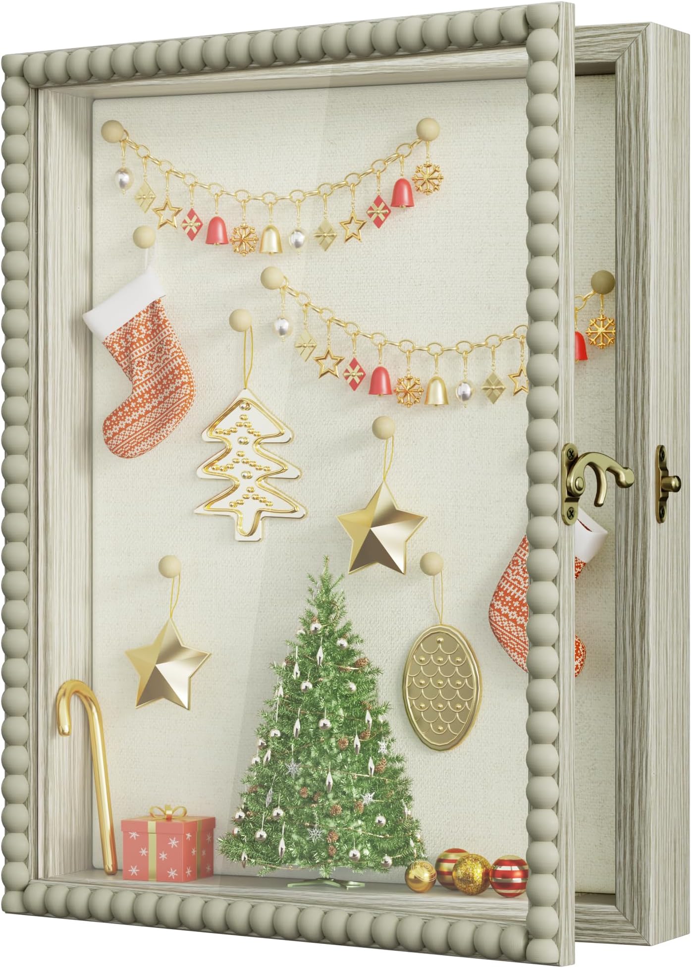 Love-KANKEI Shadow Box Frame 11x14, Deep Large Shadow Box Display Case with Unique Beads Door and Glass Window, Wood Memory Box for Pictures,Medals,Memorabilia,Collections Rustic Grey