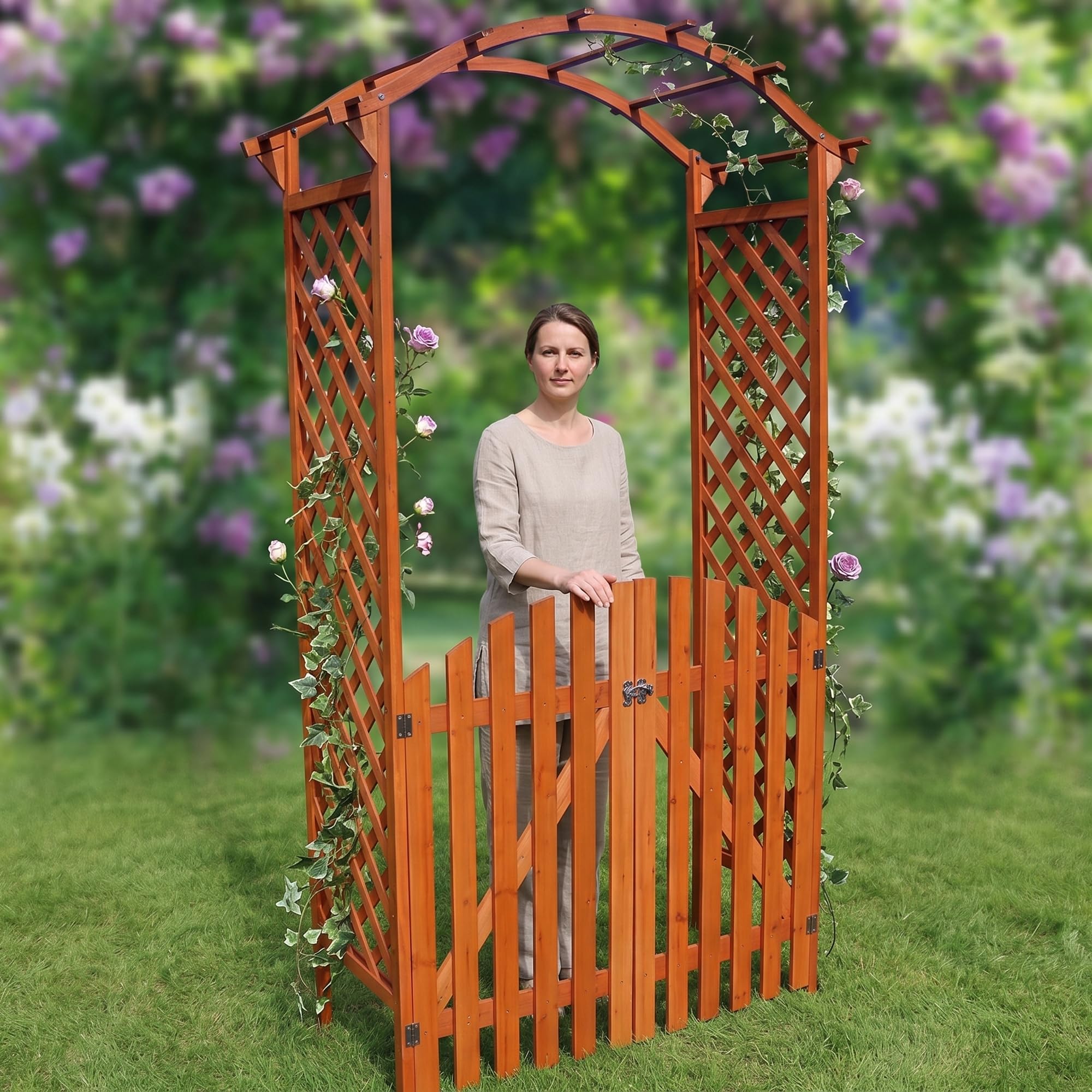 Mucola Rosenbogen aus Holz mit Doppeltüren – Gartenbogen dekorativ, Rankhilfe für Rosen und Kletterpflanzen, 120x60x206 cm, Outdoor Gartenelement