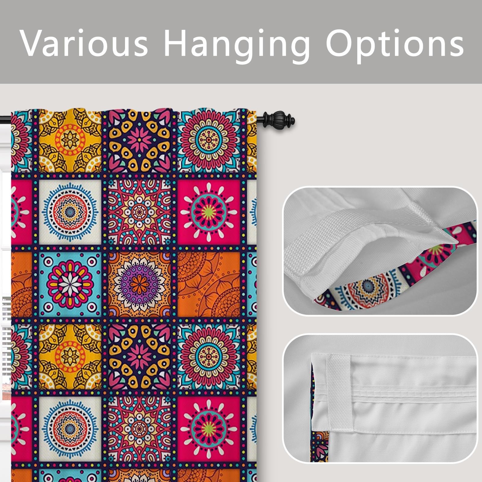 ggaimwf Boho Patchwork Curtain Mandala Abstract Pattern Hippie Moroccan Curtain Pencil Pleat Multicolor Window Decor Bedroom Dining Room Privacy Curtain Room Divider Rod Pocket 107x160cm 2 Panels - Image 4