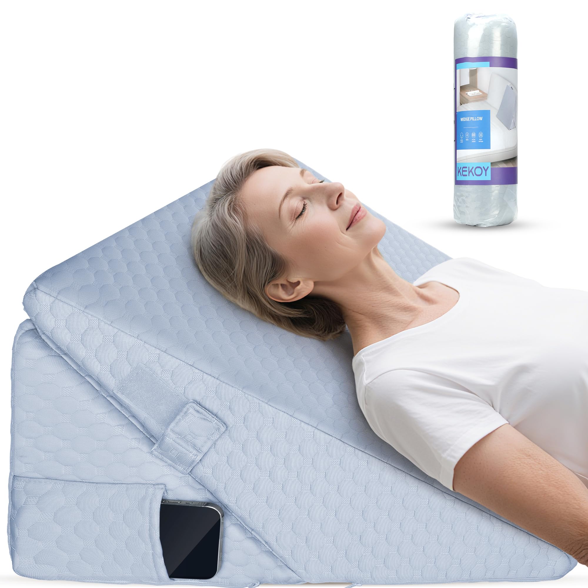 Kekoy Cuscino Antireflusso Adulti Regolabile: Aiuta Contro Apnea Notturna, Reflusso Acido, Mal di Schiena, Russamento | Cuscino a Cuneo Memory Foam, Fodera Lavabile, Maniglia - Grigio, 23 e 31 cm