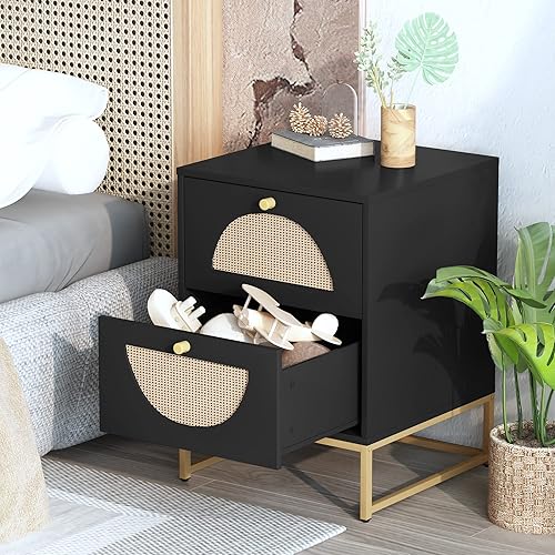 Miniatura 6 de Lamerge Juego de 2 mesitas de noche de ratán, mesa auxiliar de madera, mesa auxiliar moderna con 2 cajones de almacenamiento, mesa decorativa para