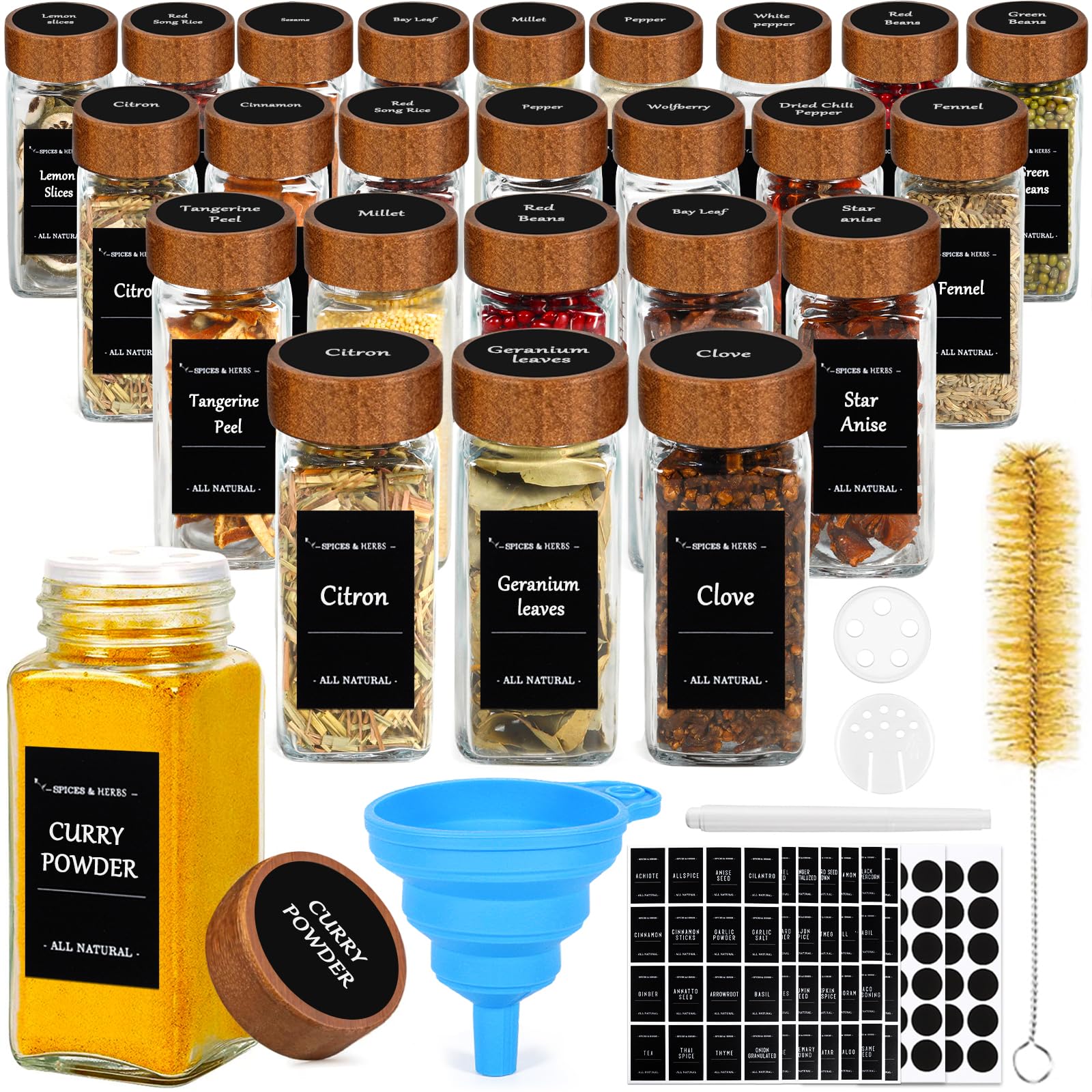 Pot à Épices en Verre et Bois, 24 Pièces 120ml, Set avec Étiquettes, Entonnoir, Brosse