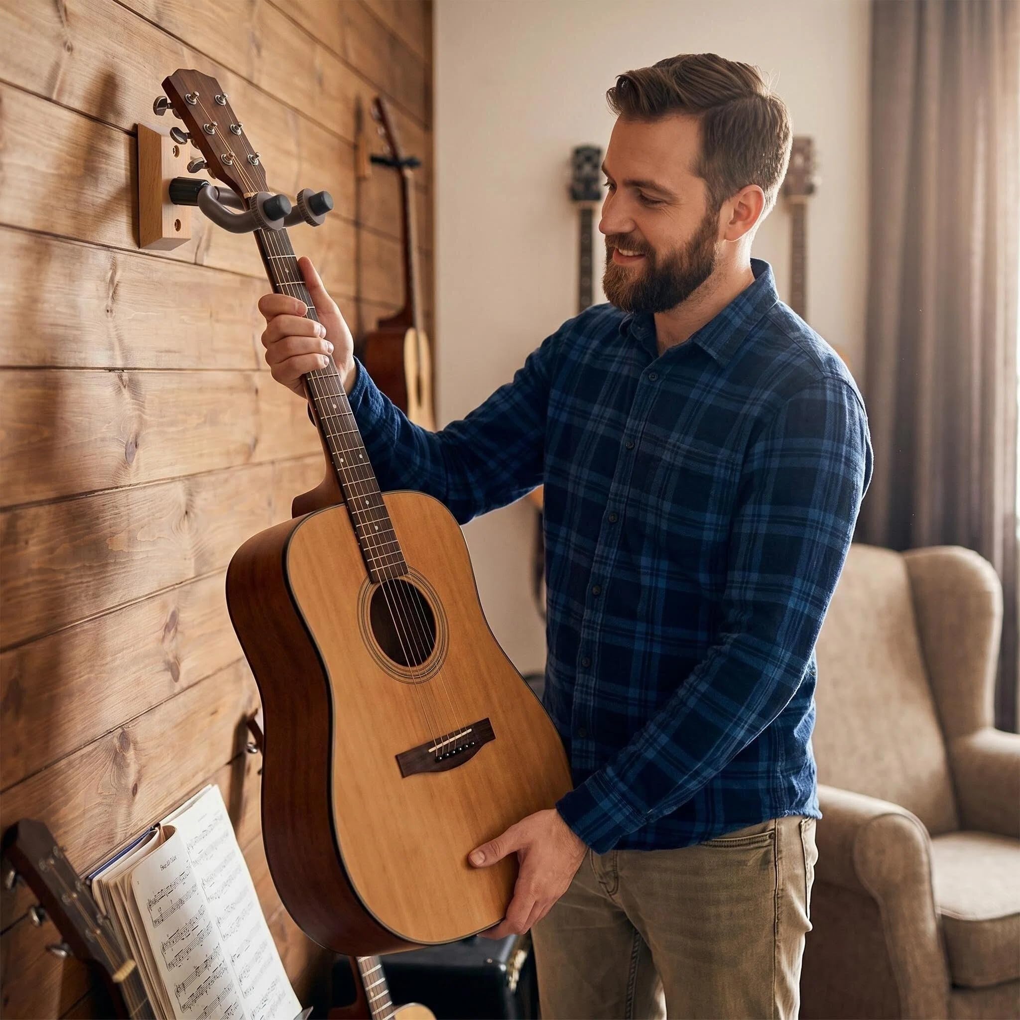 Gitara uchwyt ścienny wieszak 2 sztuki prawdziwy drewniany wieszak na gitarę ścienny hak uchwyt stojak ekspozycja ze śrubami - łatwy w instalacji - pasuje do wszystkich gitar gitarowych, basów, mandoliny, banjo, ukulele