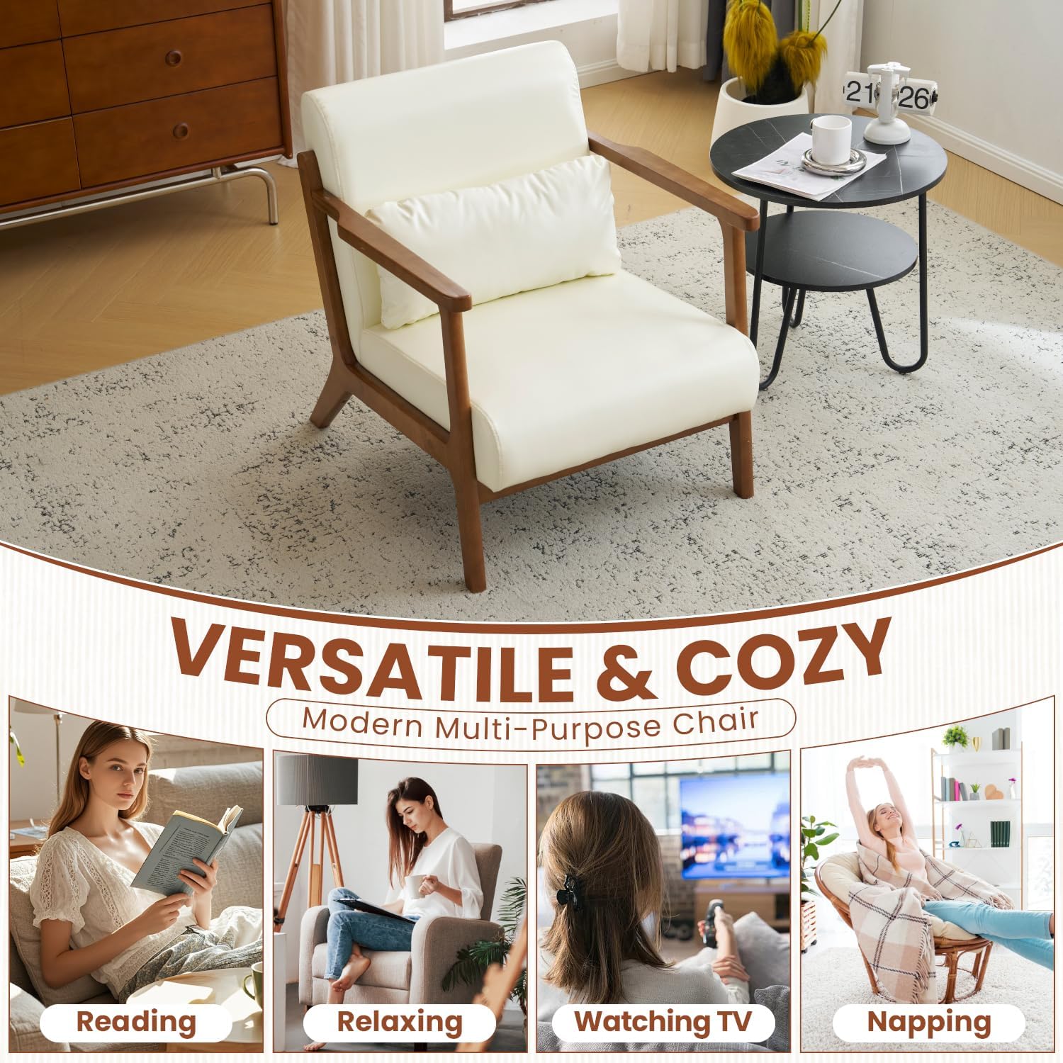MOJAY Modern Accent Chair with Ottoman, PU Leather Upholstered Armchair Living Room Chair for Bedroom, Balcony, Reception