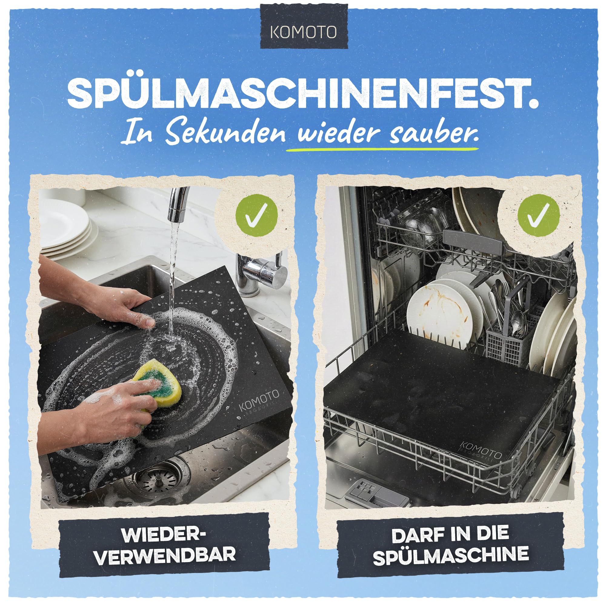 KOMOTO® BBQ Grillmatte (3er Set) 50x40 cm I Extra Dick I Grillmatten für Gasgrill und Holzkohle I Perfekte Alternative zur Grillplatte