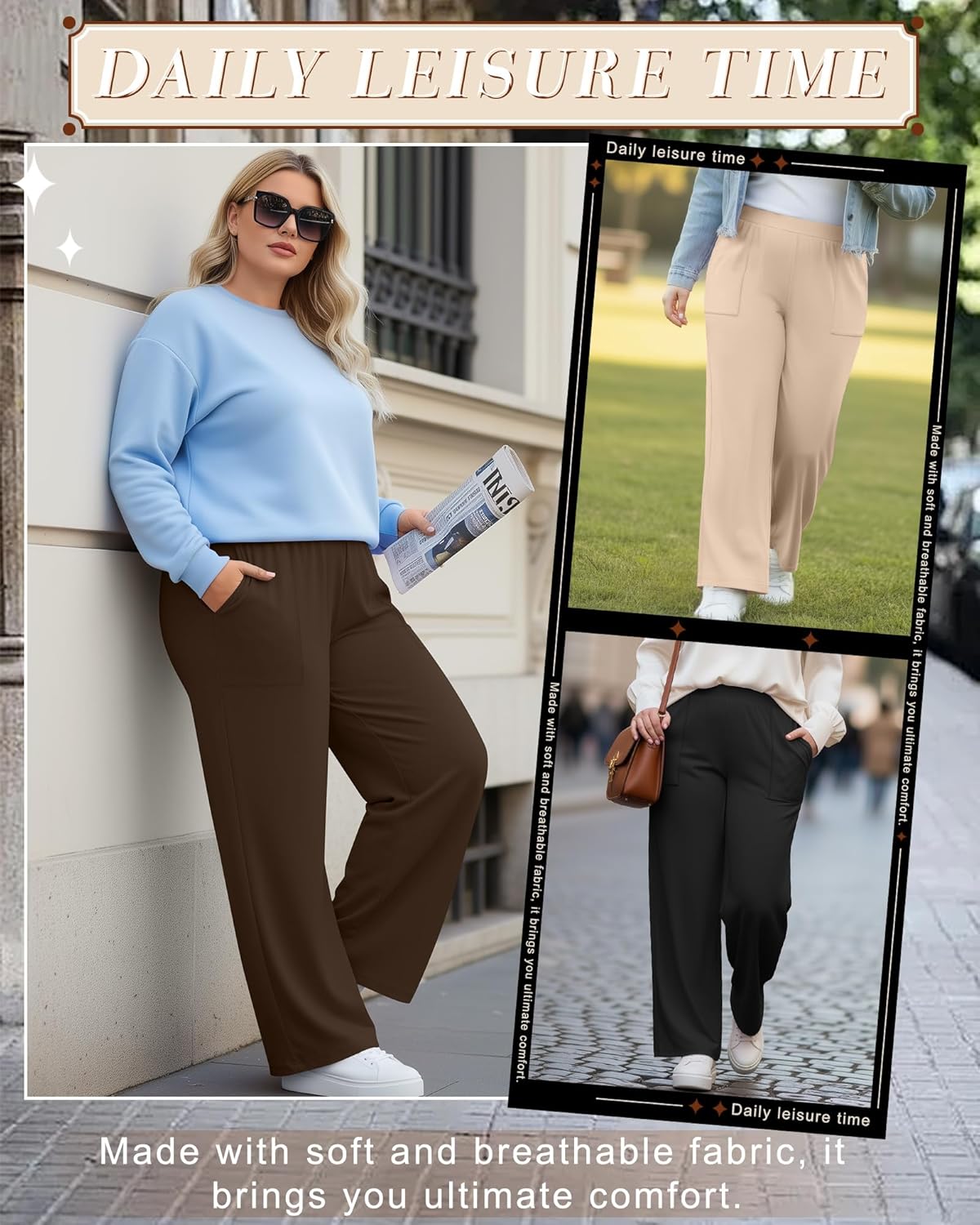 3 Pack Women's Plus Size Lounge Pants Wide Leg Yoga Pajama Palazzo Pants Loose Casual Baggy Sweatpants with Pockets - Image 4